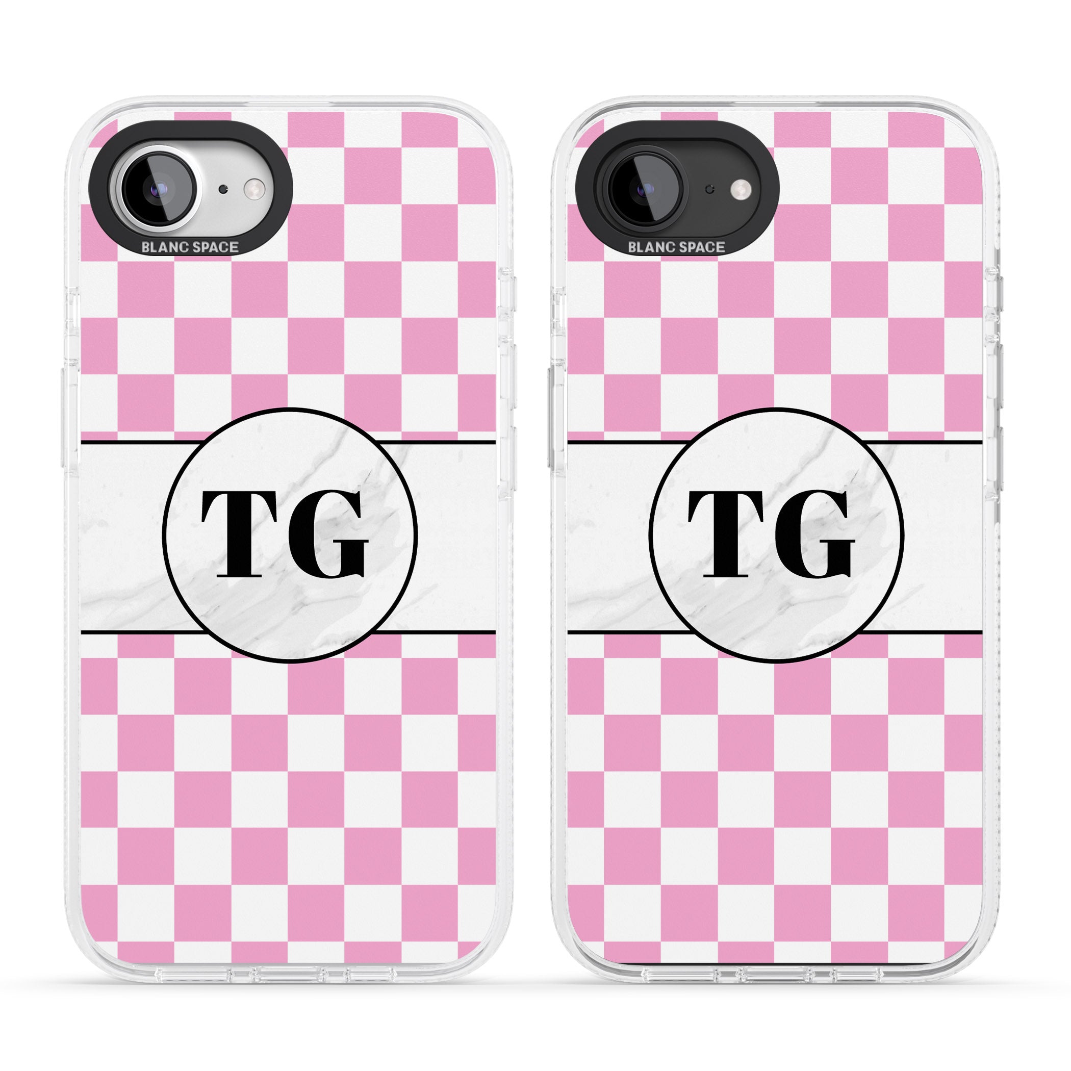 Personalised Monogrammed Pink Check iPhone 16e Clear Case Impact Air - Blanc Space