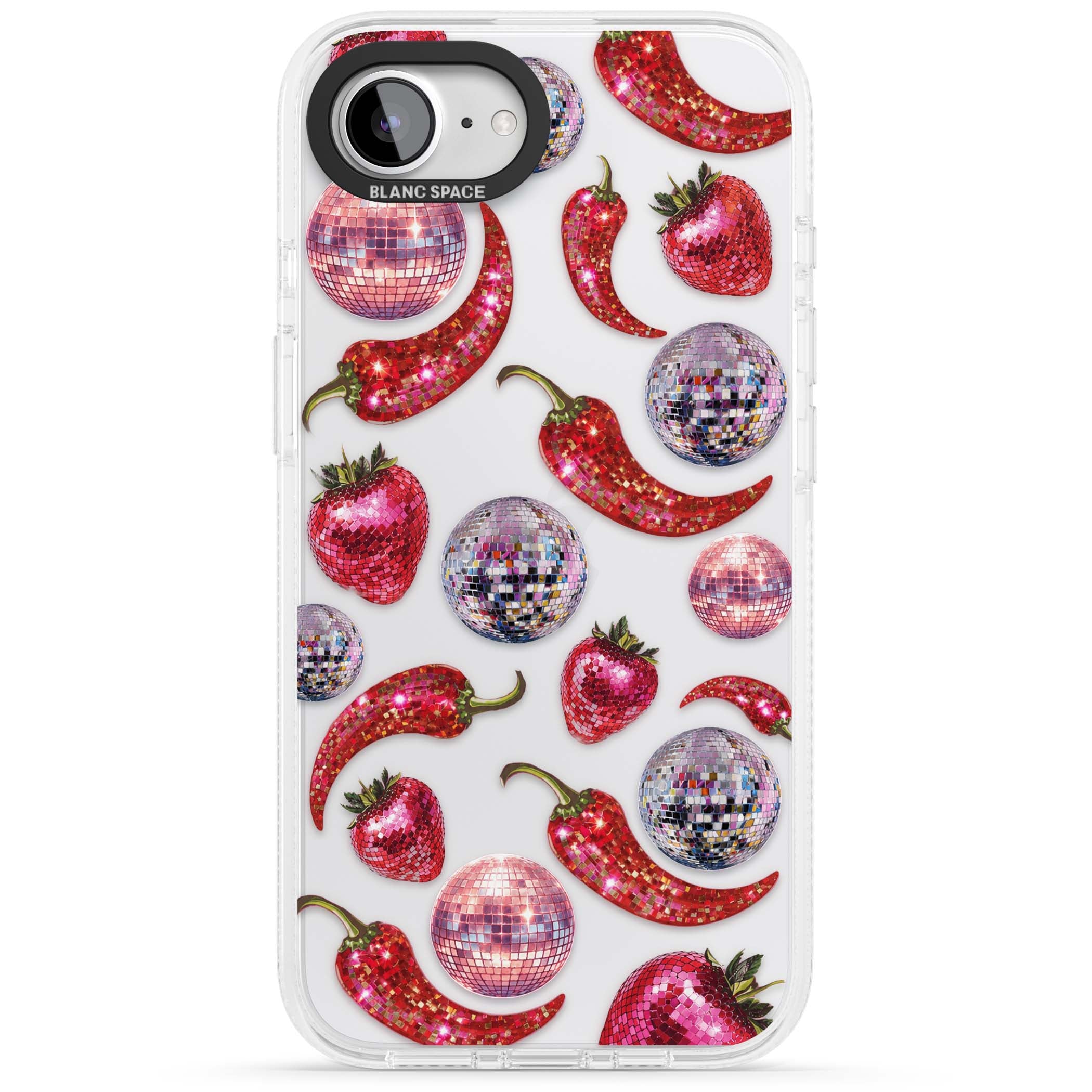 Spicy Disco Y2K iPhone case featuring glitter disco balls, sparkly strawberries and red chilli peppers | Clear Case Impact Air case for iPhone 16e, iPhone 17e
