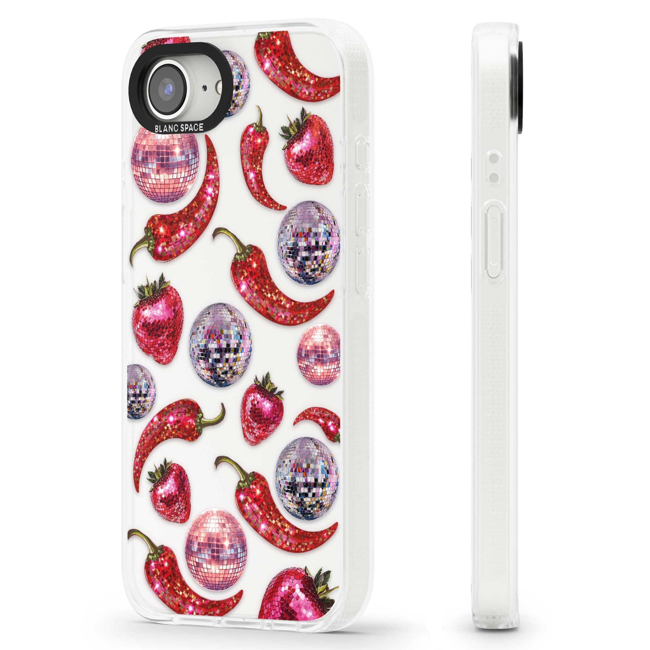 Spicy Disco Y2K iPhone case featuring glitter disco balls, sparkly strawberries and red chilli peppers | Clear Case Impact Air case for iPhone 16e, iPhone 17e