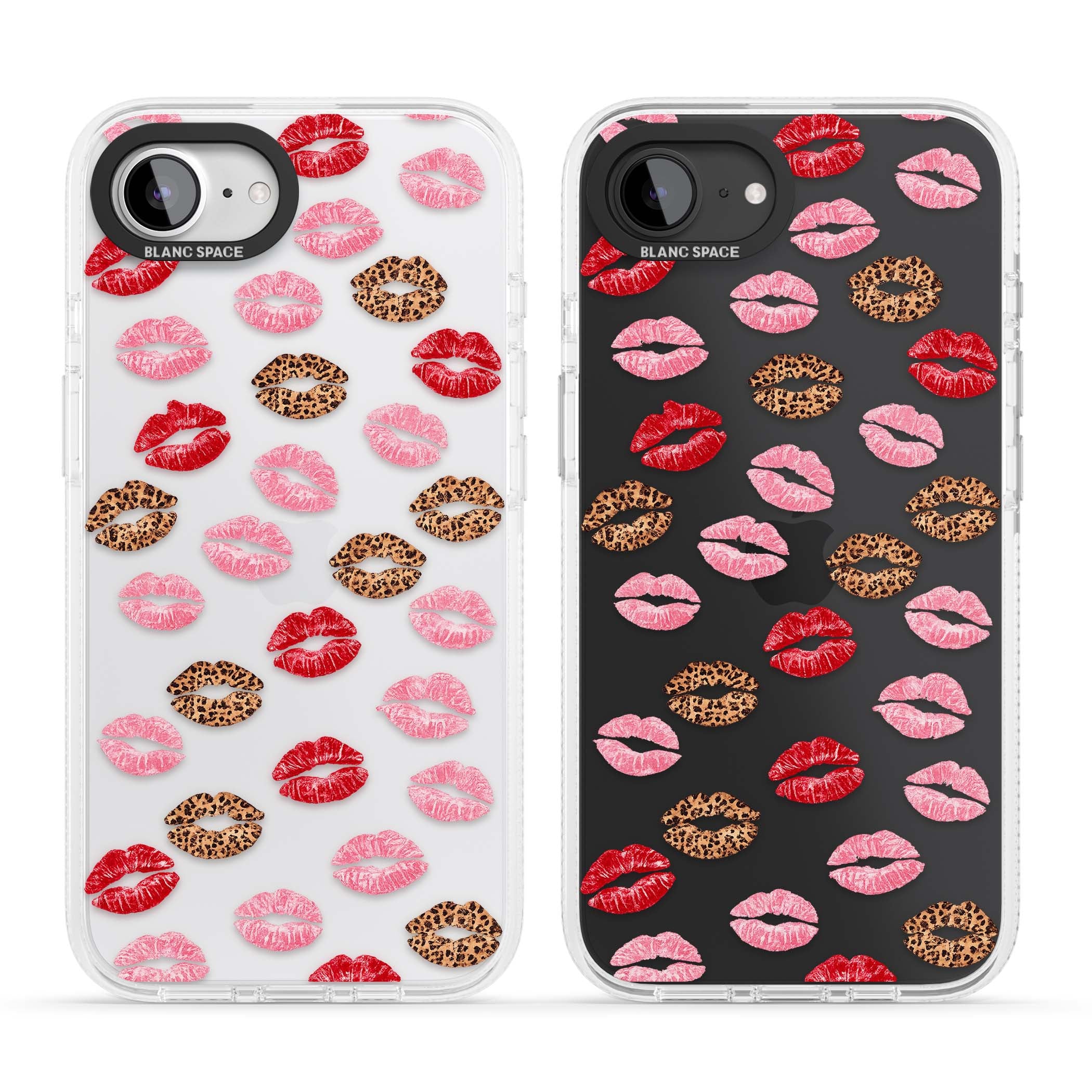 Wild Kisses coquette iPhone case featuring red, pink and leopard print lipstick kiss marks on a clear background | Clear Case Impact Air case for iPhone 16e, iPhone 17e