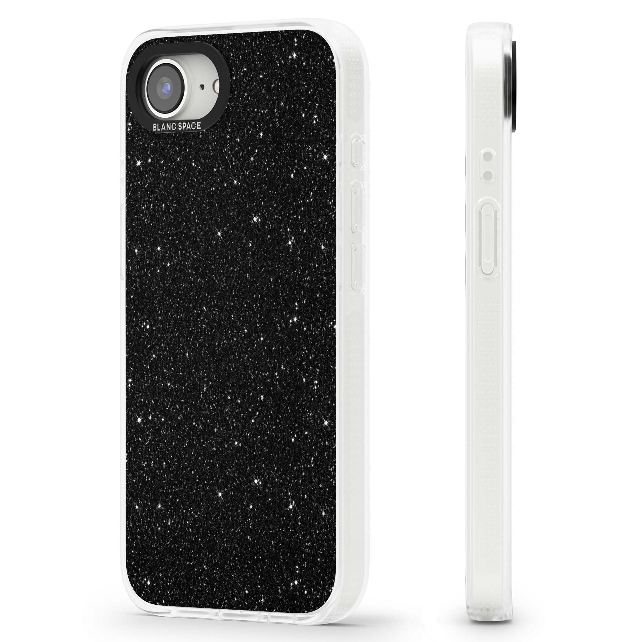 Black Glitter black glitter iPhone case featuring an all-over sparkly shimmer pattern on a jet black base | Clear Case Impact Air case for iPhone 16e, iPhone 17e