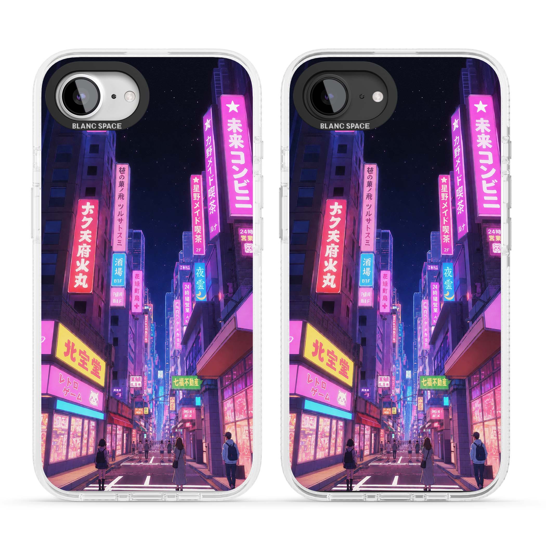 Shibuya At Night Japanese neon city iPhone case featuring glowing kanji signs, pink storefronts and a Tokyo street at n | Clear Case Impact Air case for iPhone 16e, iPhone 17e