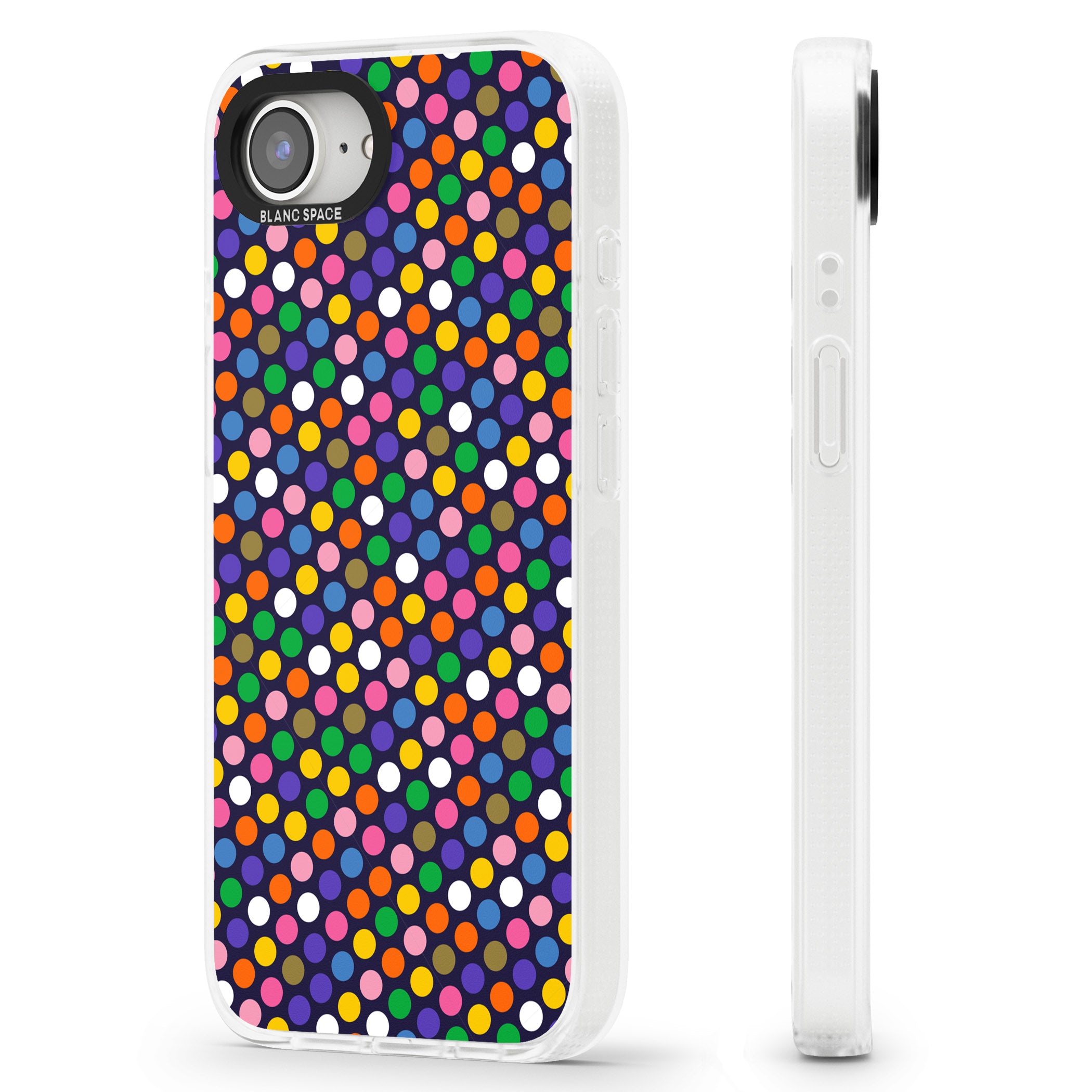 Multicolour Polka-dot Fiesta (Purple) iPhone 16e Clear Case Impact Air - Blanc Space