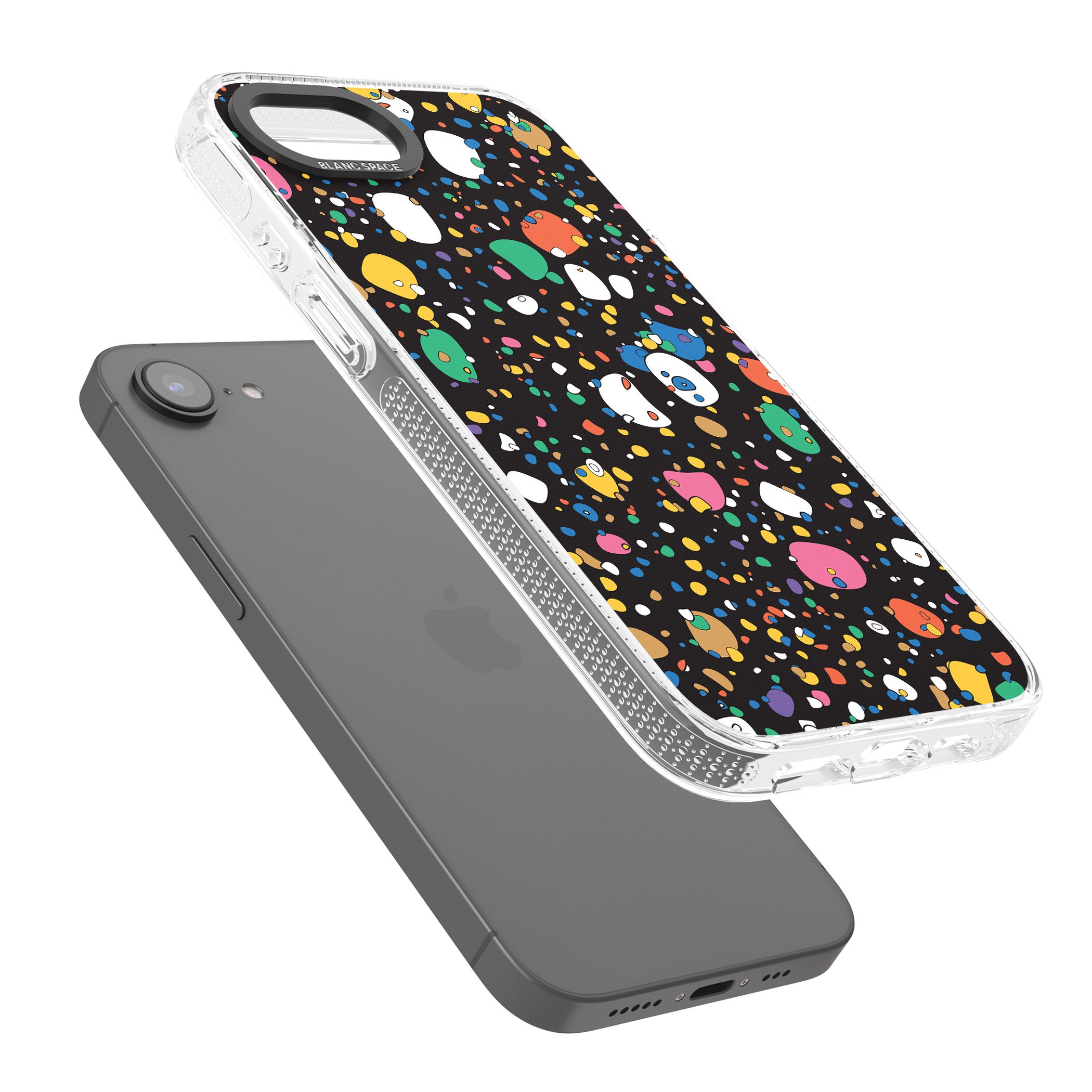 Colourful Confetti Pebbles (Black) iPhone 16e Clear Case Impact Air - Blanc Space
