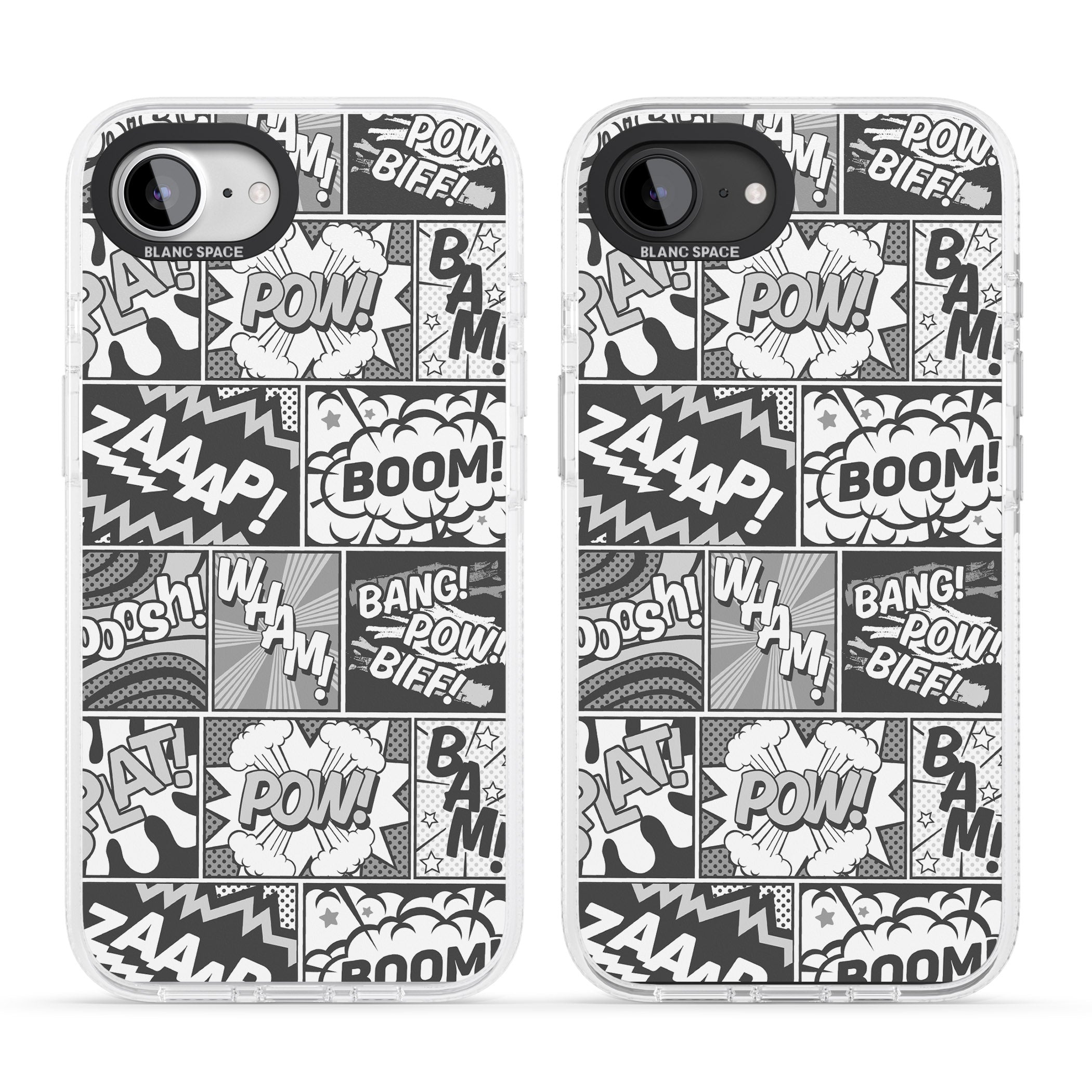 Onomatopoeia (Black & White) iPhone 16e Clear Case Impact Air - Blanc Space