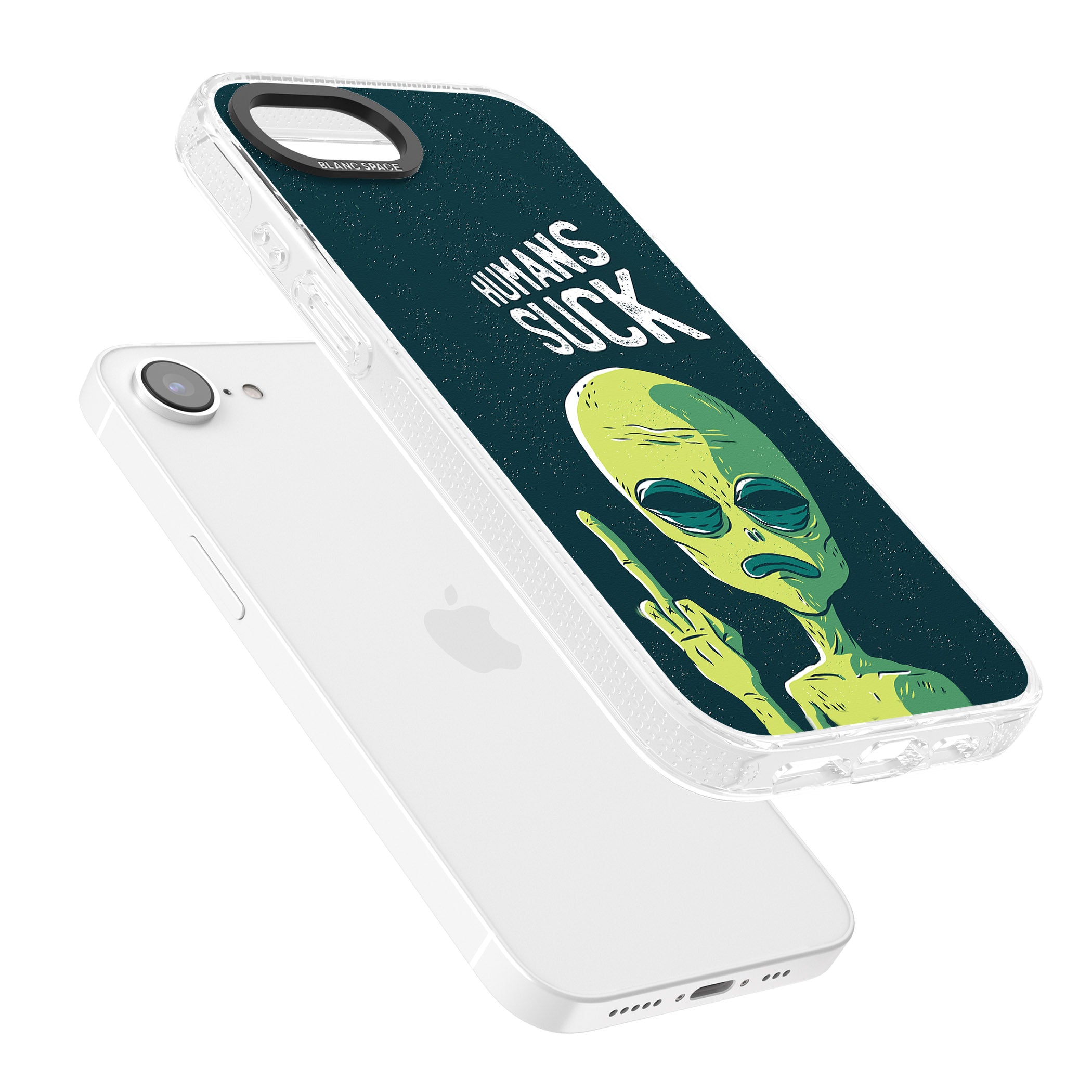 Humans Suck Alien iPhone 16e Clear Case Impact Air - Blanc Space