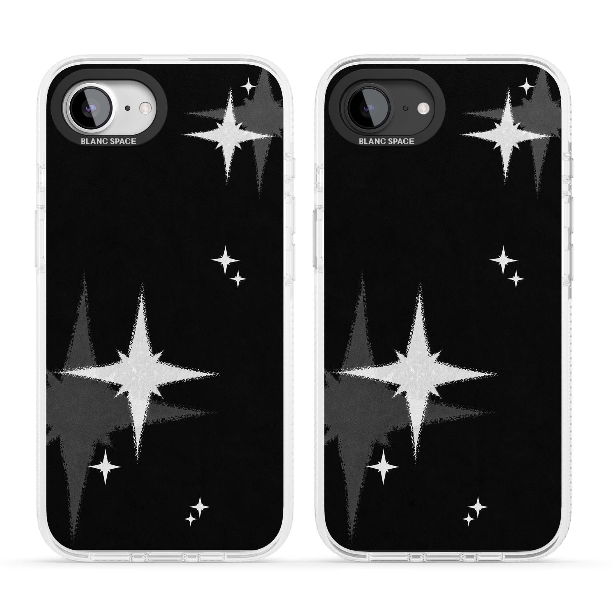 Black Sparkle celestial iPhone case featuring white sparkle stars on a black night sky background | Clear Case Impact Air case for iPhone 16e, iPhone 17e