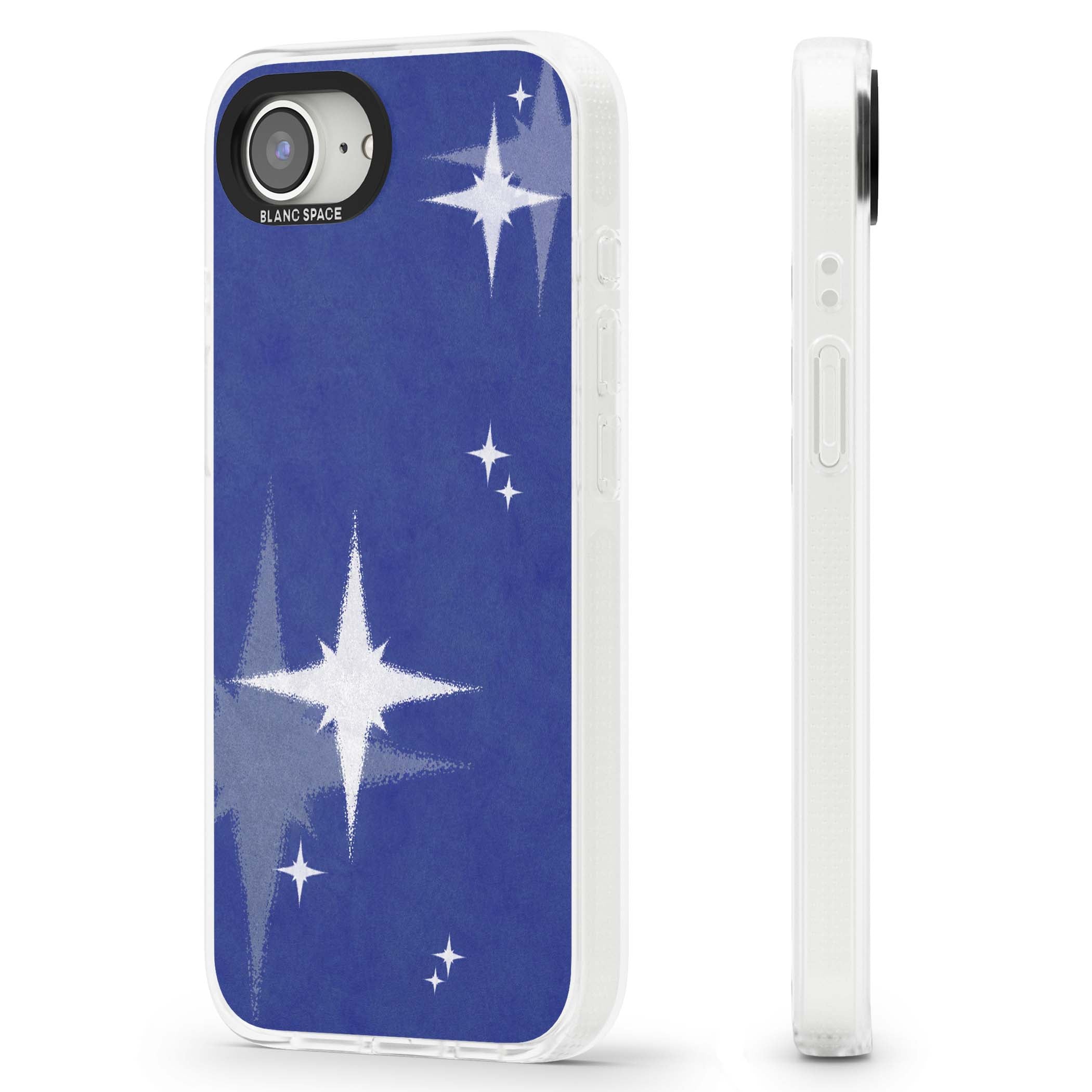 Blue Sparkle celestial iPhone case featuring sparkling silver stars on a deep blue painterly night sky | Clear Case Impact Air case for iPhone 16e, iPhone 17e