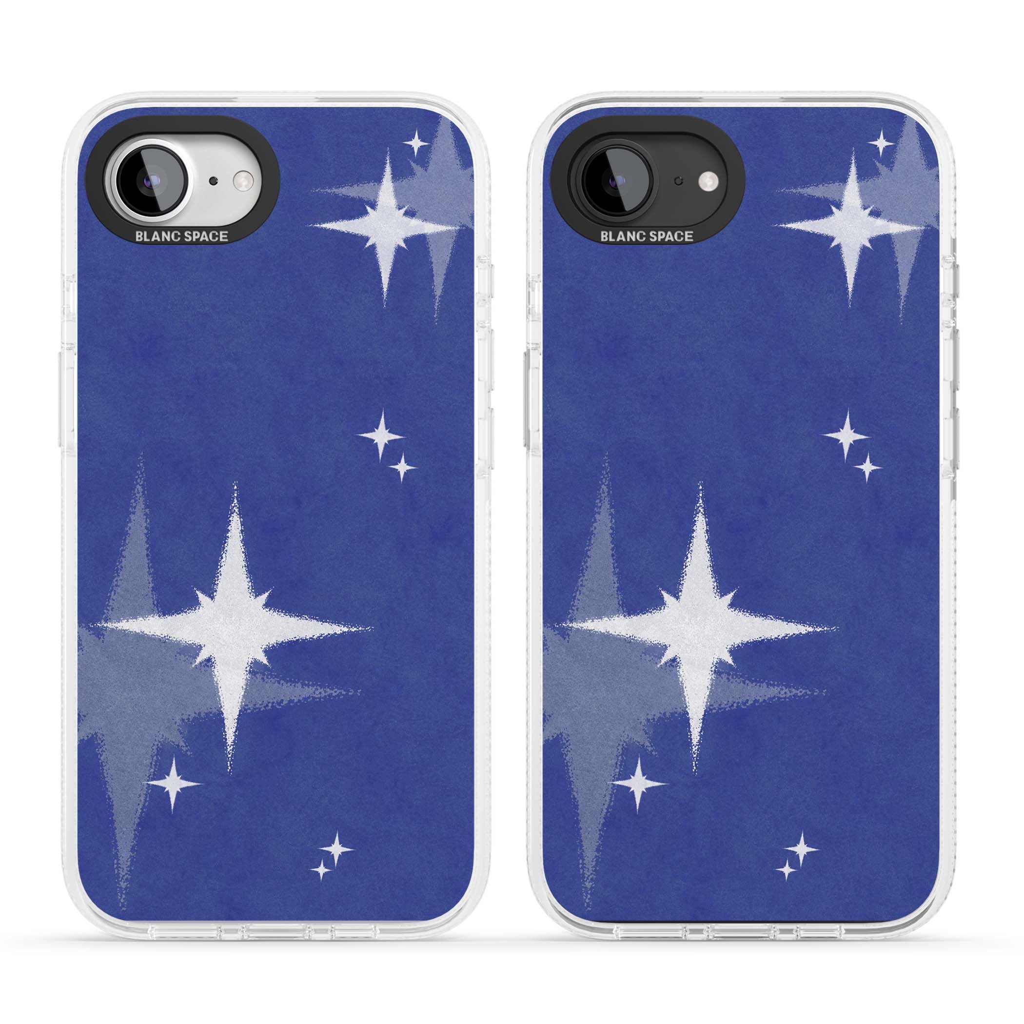 Blue Sparkle celestial iPhone case featuring sparkling silver stars on a deep blue painterly night sky | Clear Case Impact Air case for iPhone 16e, iPhone 17e