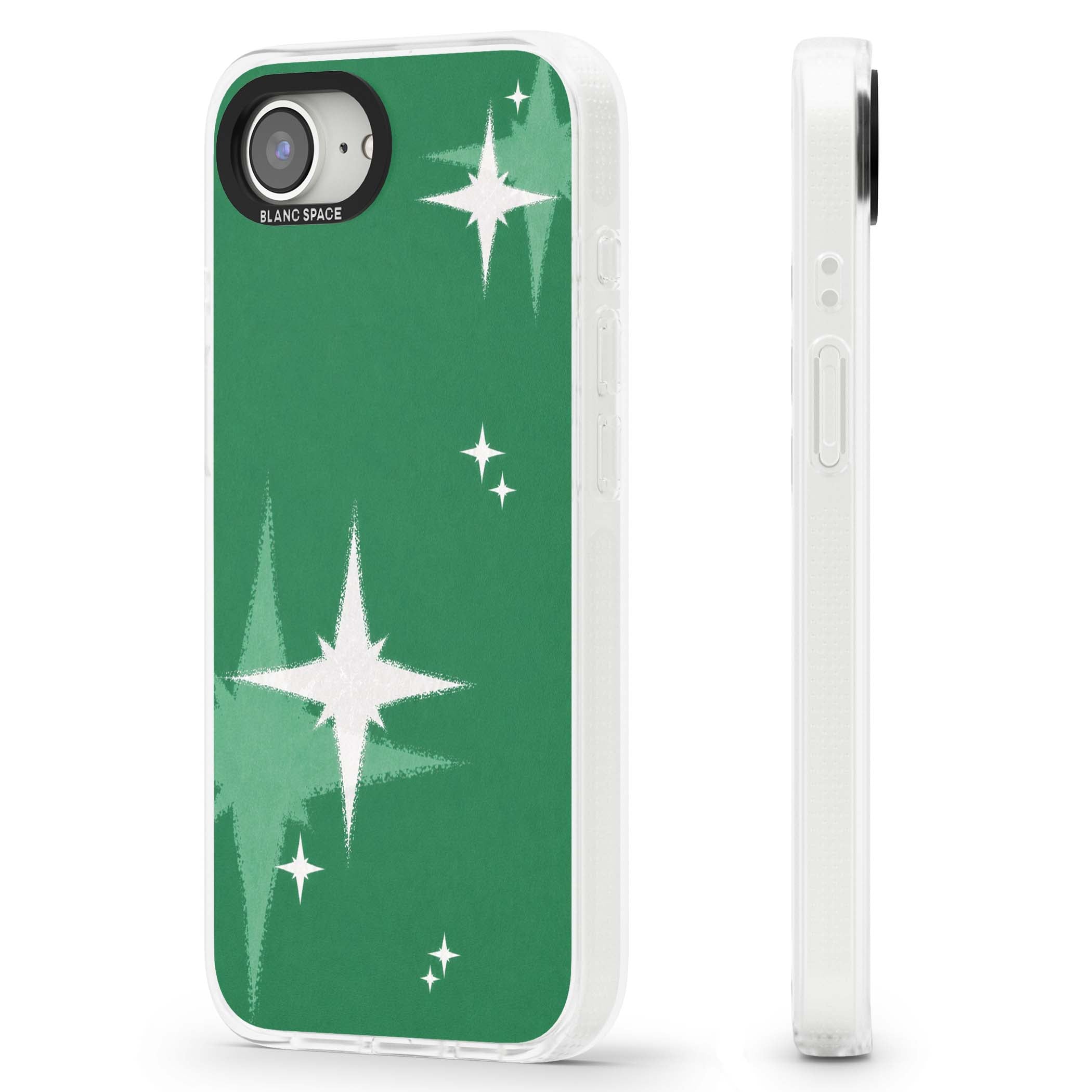 Green Sparkle celestial iPhone case featuring sparkling white four-point stars on a deep green background | Clear Case Impact Air case for iPhone 16e, iPhone 17e