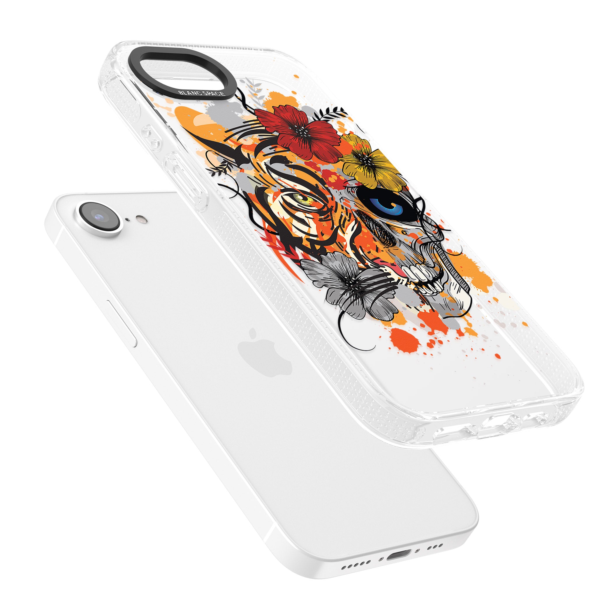 Sugar Skull Tiger Floral iPhone 16e Clear Case Impact Air - Blanc Space