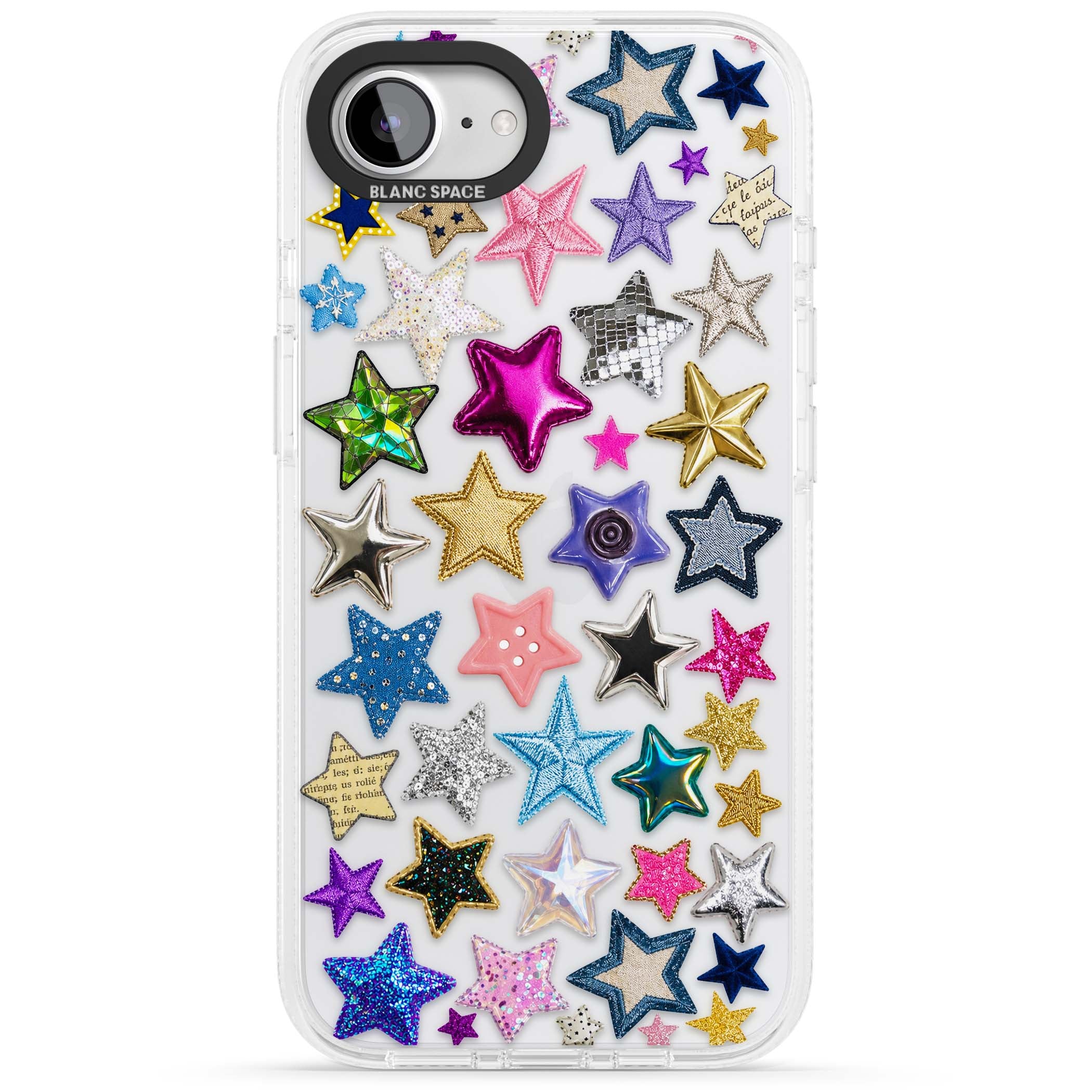Crafty Star Mix Y2K iPhone case featuring embroidered, sequinned and glitter star patches in rainbow colours | Clear Case Impact Air case for iPhone 16e, iPhone 17e