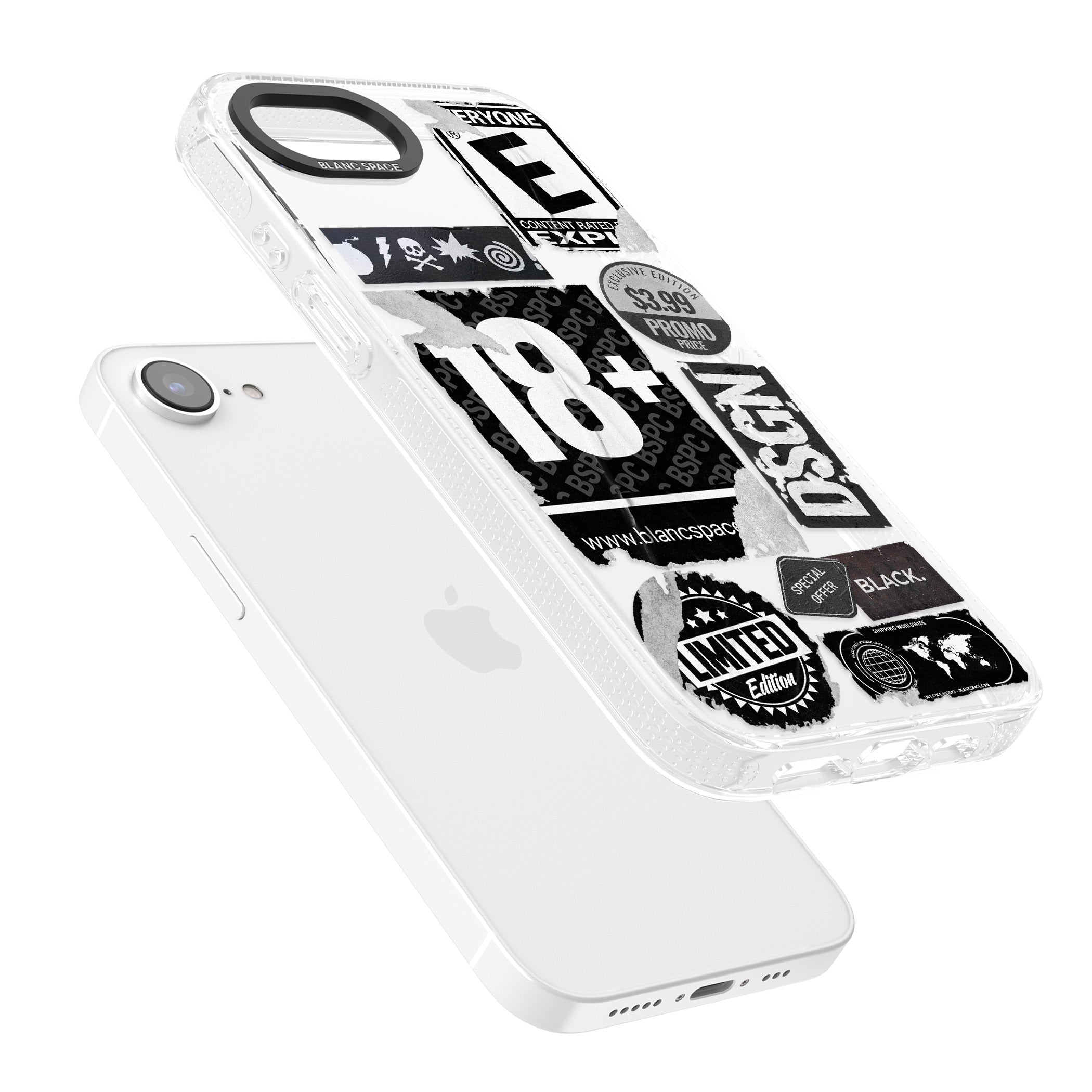 Black Sticker Mix iPhone 16e Clear Case Impact Air - Blanc Space