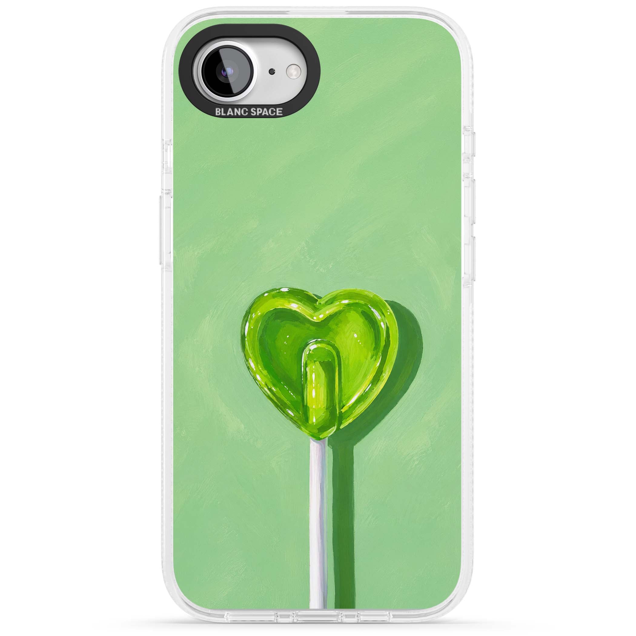 Green Lollipop candy art iPhone case featuring a glossy green heart-shaped lollipop on a painted pastel green background | Clear Case Impact Air case for iPhone 16e, iPhone 17e