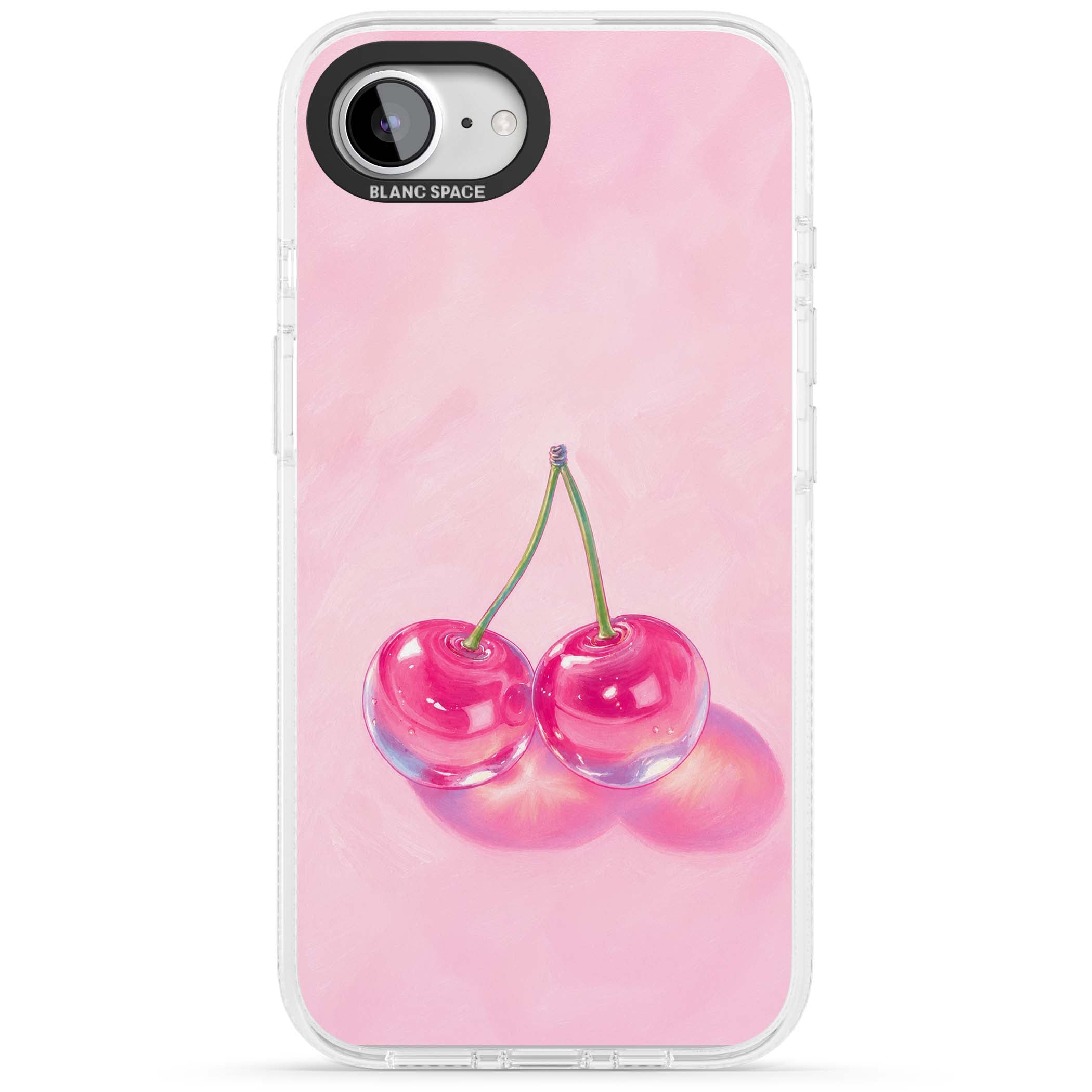 Pink Glass Cherry coquette iPhone case featuring two glossy painted cherries on a soft pink background | Clear Case Impact Air case for iPhone 16e, iPhone 17e