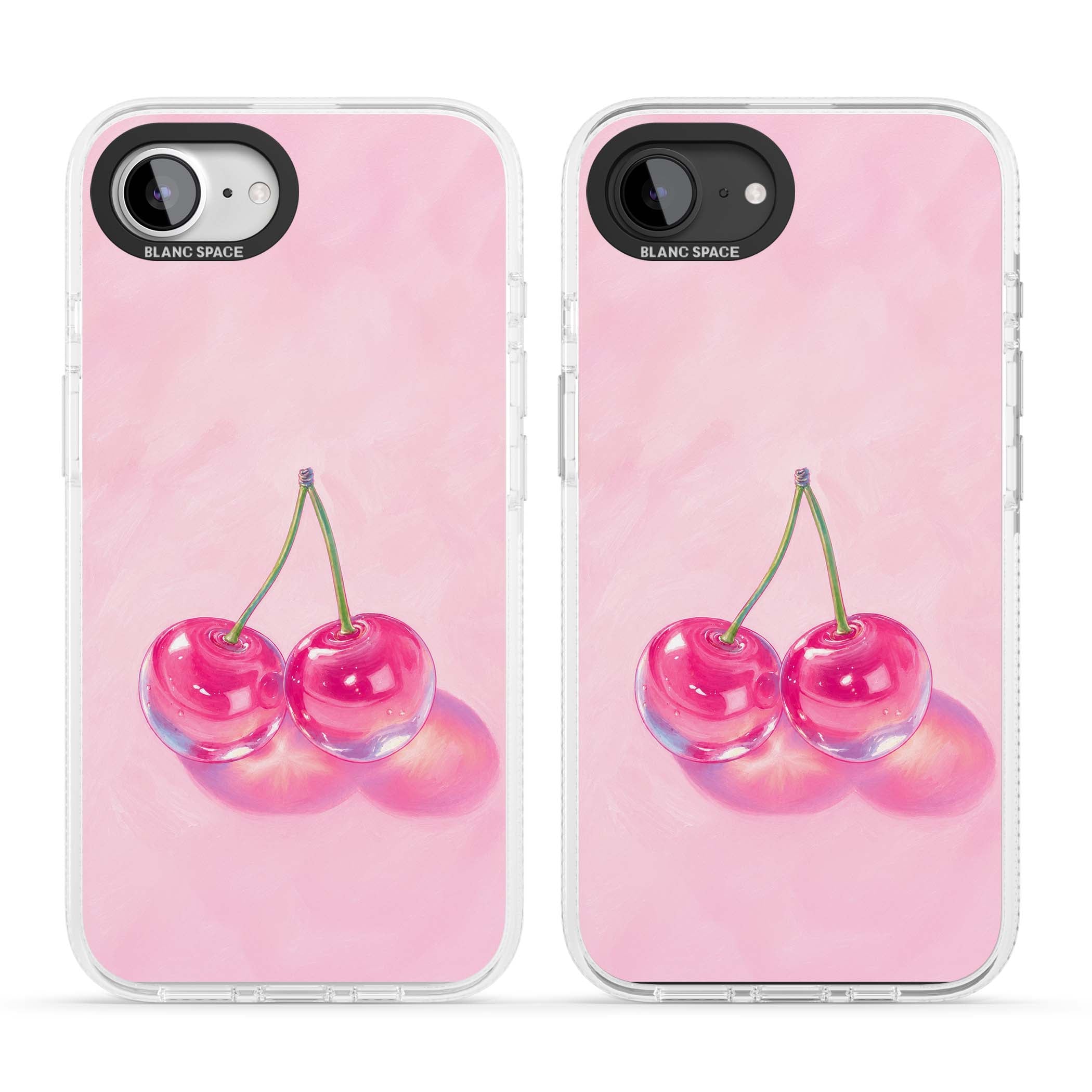 Pink Glass Cherry coquette iPhone case featuring two glossy painted cherries on a soft pink background | Clear Case Impact Air case for iPhone 16e, iPhone 17e