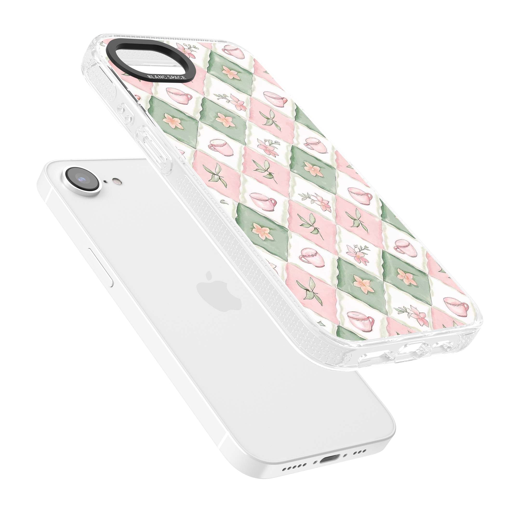 Garden Tea Party coquette iPhone case with pink and green checkered pattern, watercolour teacups and wildflowers | Clear Case Impact Air case for iPhone 16e, iPhone 17e