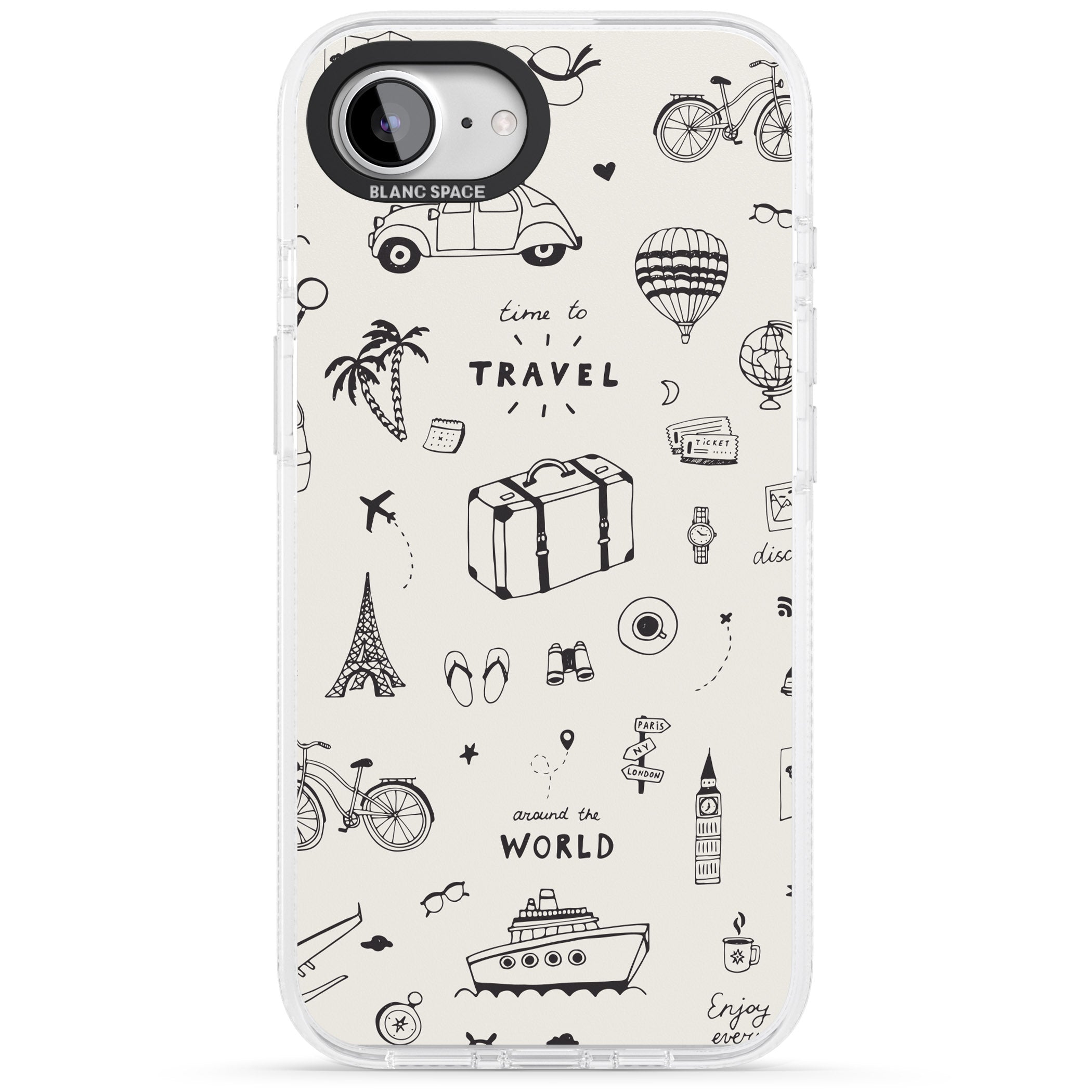 Cute Travel Pattern, White on iPhone 16e Clear Case Impact Air - Blanc Space