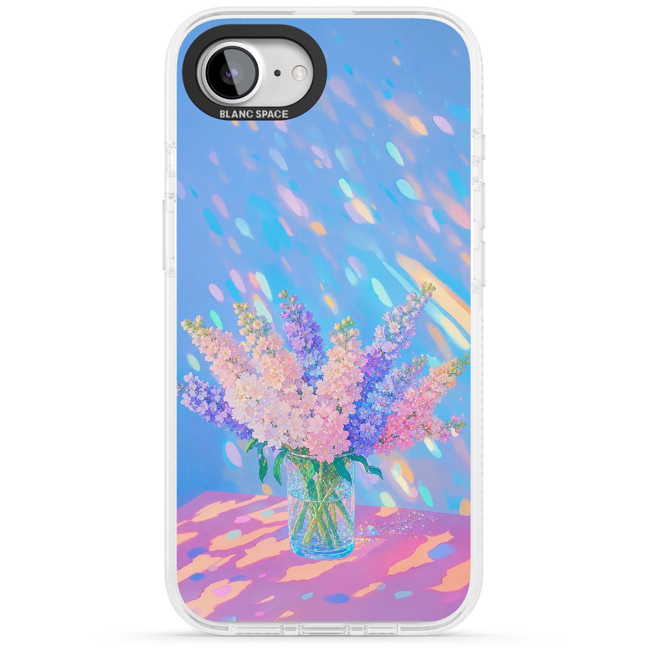 Bubblegum Flowers floral iPhone case featuring pastel lilac and pink bouquet in a glass vase with iridescent light | Clear Case Impact Air case for iPhone 16e, iPhone 17e
