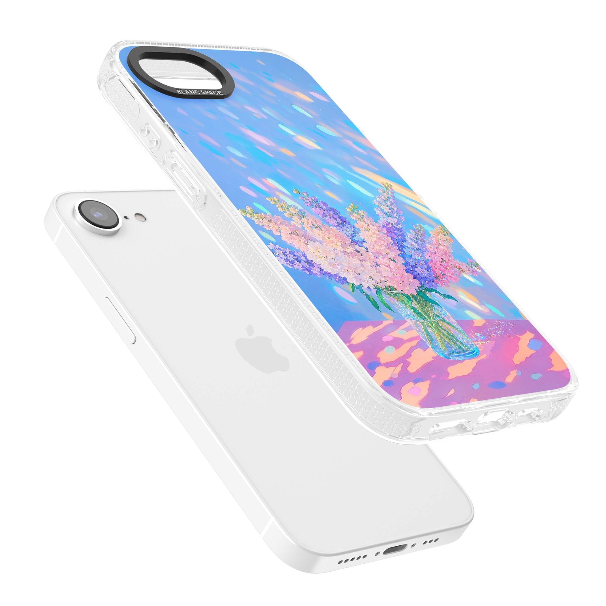 Bubblegum Flowers floral iPhone case featuring pastel lilac and pink bouquet in a glass vase with iridescent light | Clear Case Impact Air case for iPhone 16e, iPhone 17e
