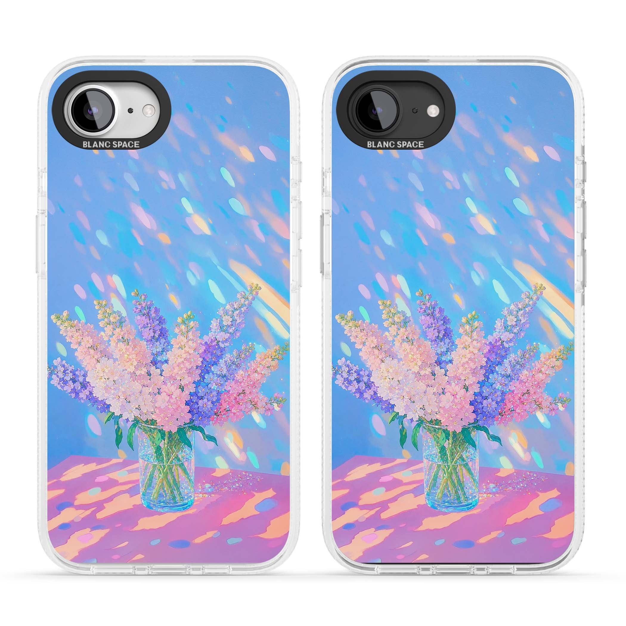 Bubblegum Flowers floral iPhone case featuring pastel lilac and pink bouquet in a glass vase with iridescent light | Clear Case Impact Air case for iPhone 16e, iPhone 17e