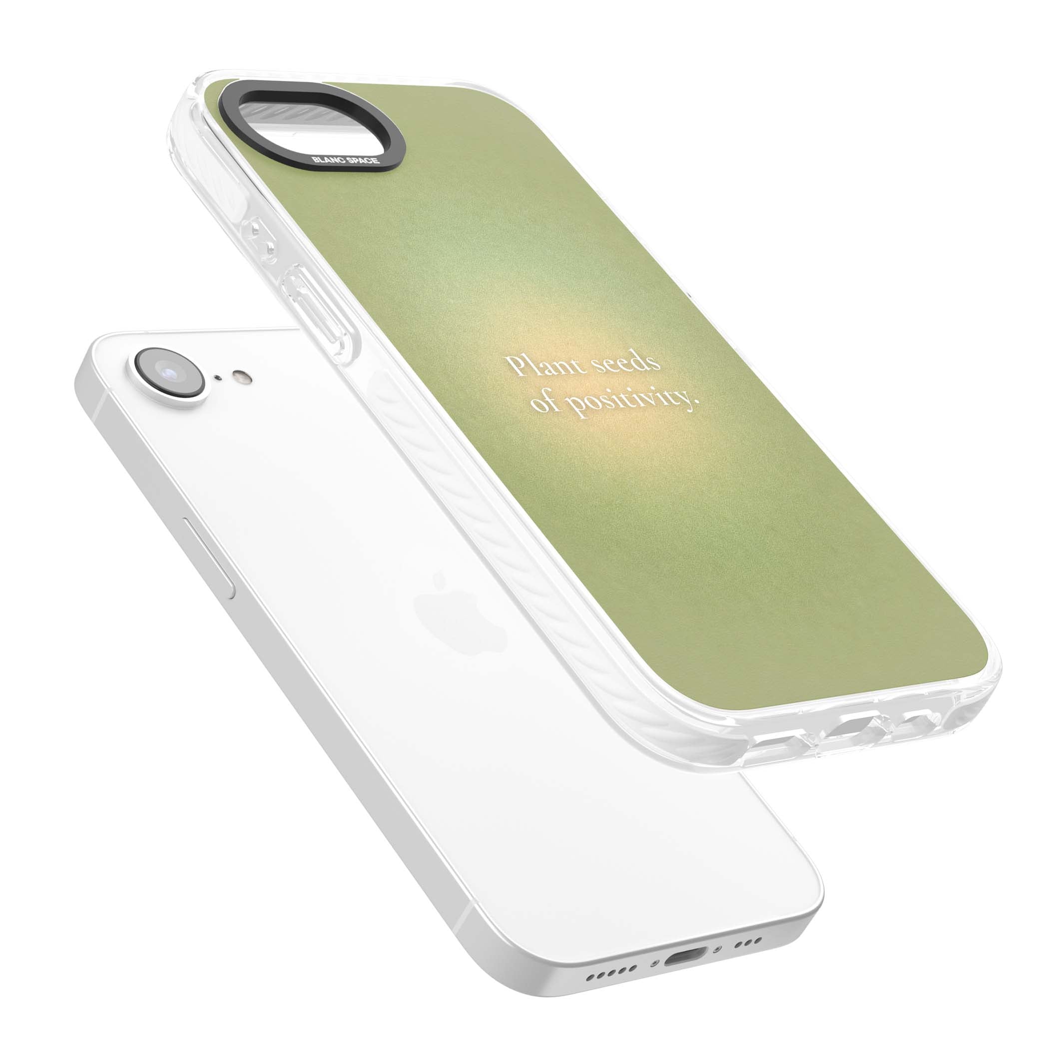 Seeds of Positivity quote iPhone case featuring a sage green aura gradient and golden glow affirmation | Clear Impact case for iPhone 16e, iPhone 17e