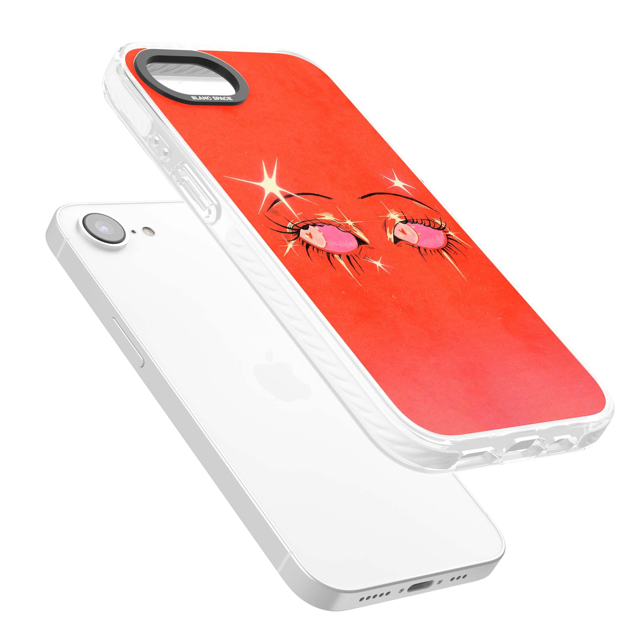 Pink Ethereal Eyes anime iPhone case featuring hand-drawn sparkly eyes with pink hearts and gold stars on red | Clear Impact case for iPhone 16e, iPhone 17e