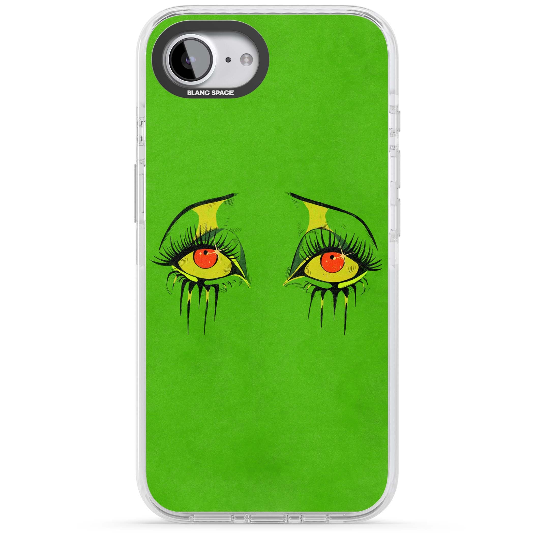 Green Enchanted Eyes psychedelic art iPhone case featuring hand-drawn dripping eyes on neon green background | Clear Impact case for iPhone 16e, iPhone 17e
