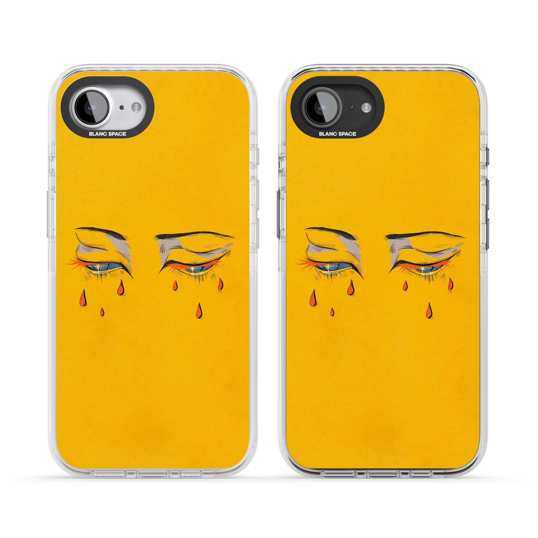 Yellow Tearful Eyes indie iPhone case featuring hand-drawn crying eyes with orange tears on a yellow background | Clear Impact case for iPhone 16e, iPhone 17e