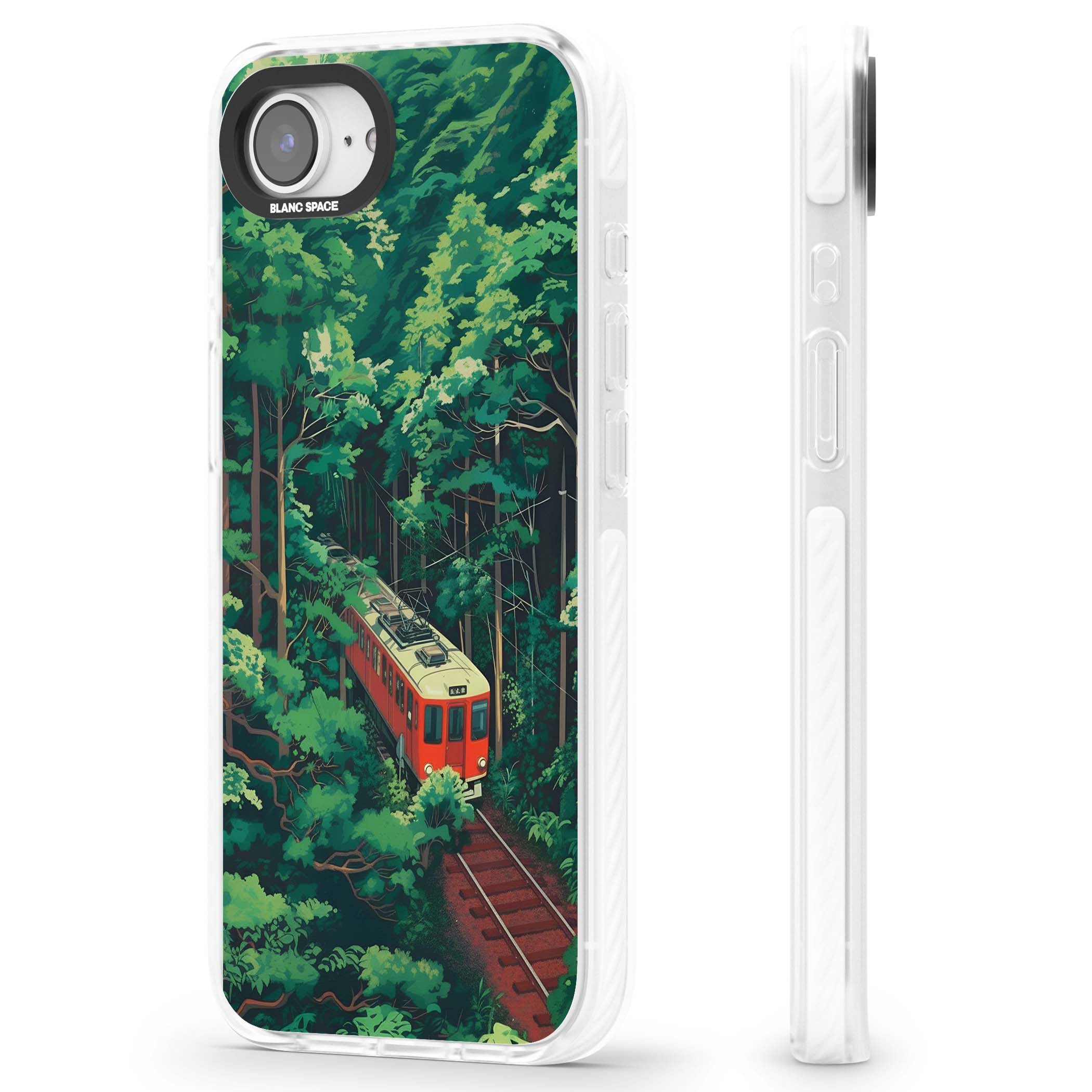 Railway In Toyama Japanese iPhone case featuring a red train, cedar forest and winding mountain railway tracks | Clear Impact case for iPhone 16e, iPhone 17e