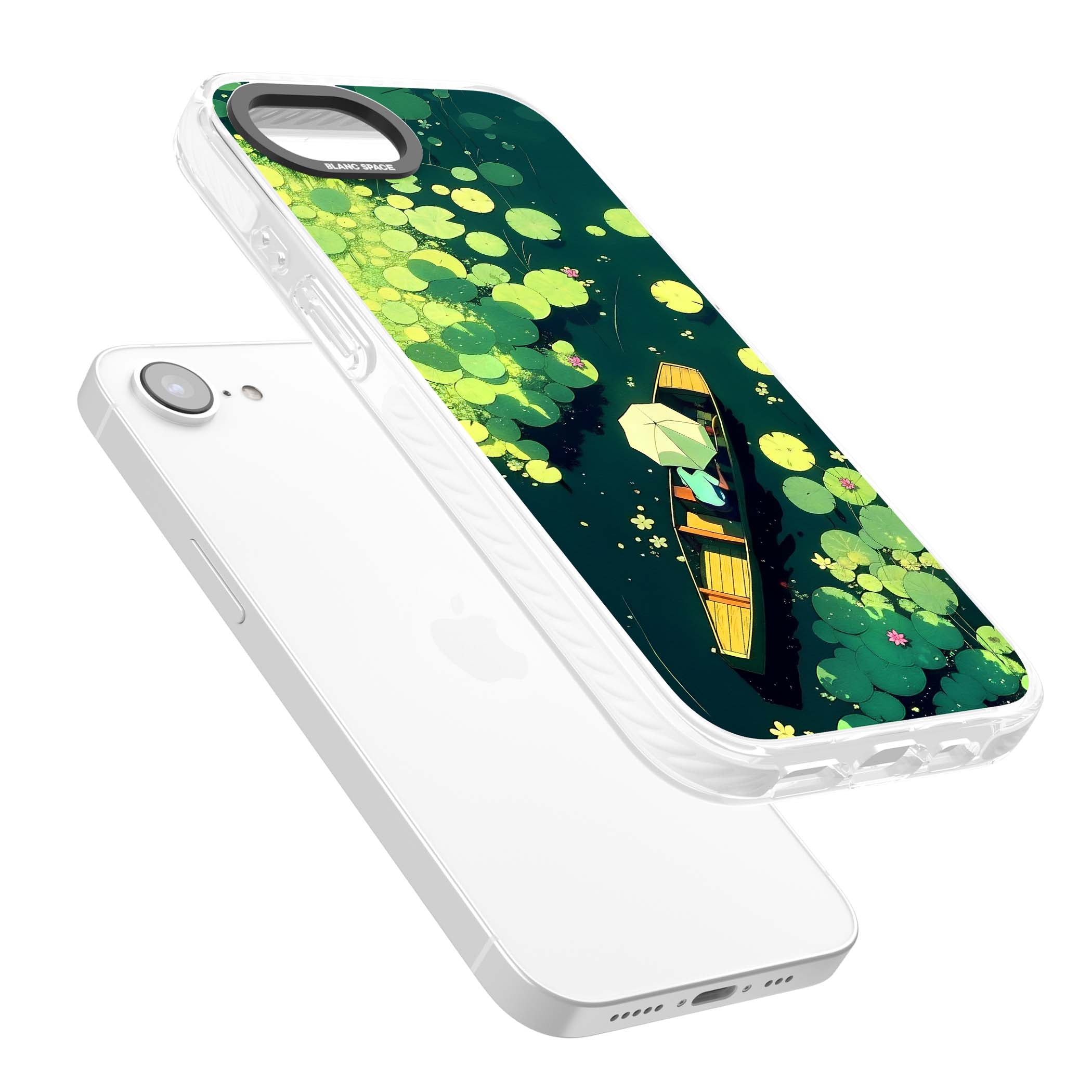 Jade Waters cottagecore iPhone case featuring a painted lily pond, wooden boat with parasol and floating water lilies | Clear Impact case for iPhone 16e, iPhone 17e