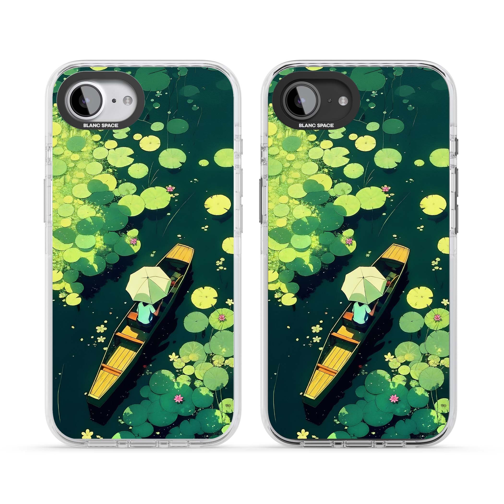 Jade Waters cottagecore iPhone case featuring a painted lily pond, wooden boat with parasol and floating water lilies | Clear Impact case for iPhone 16e, iPhone 17e