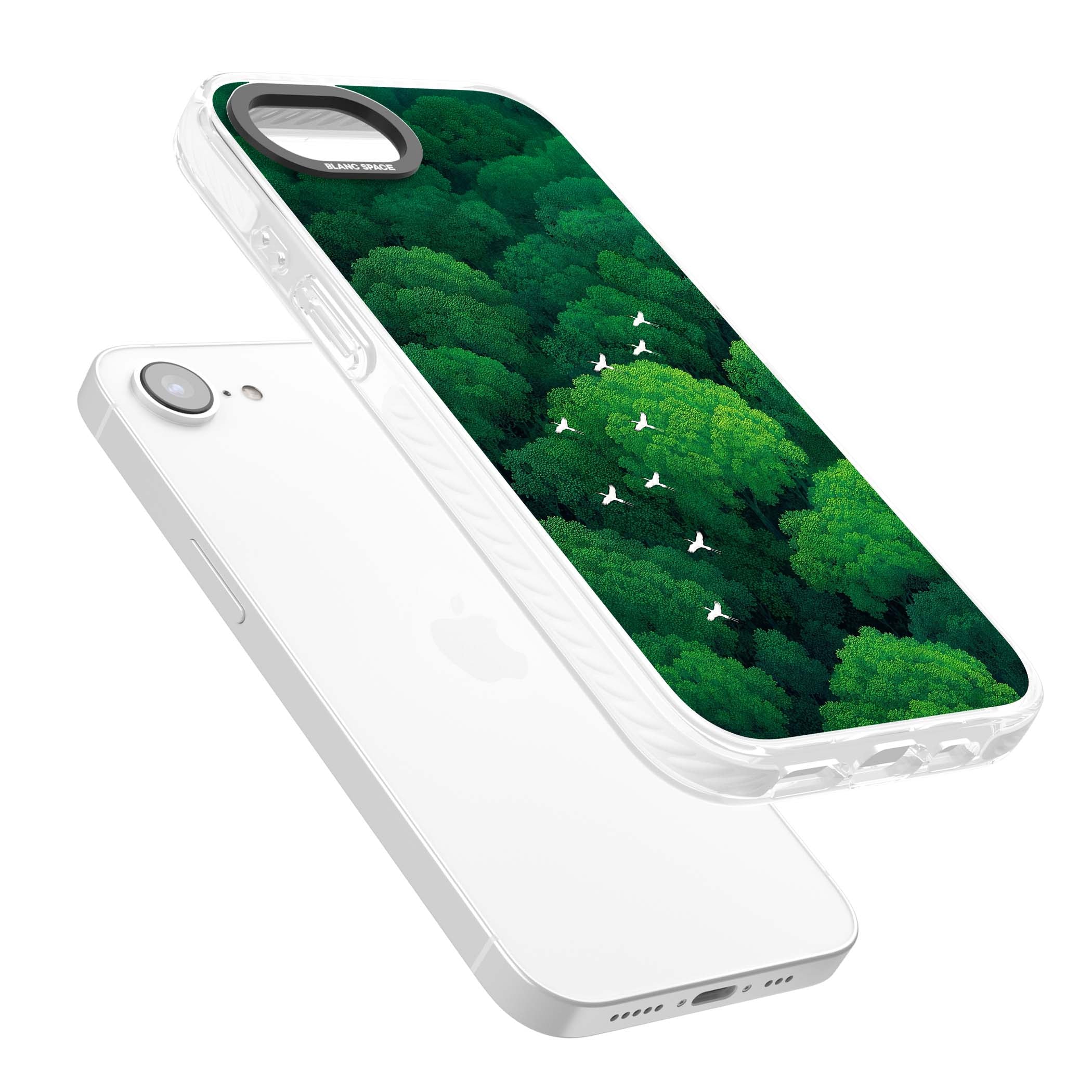 Grove Migration forest iPhone case featuring white cranes flying over lush green treetop canopy | Clear Impact case for iPhone 16e, iPhone 17e