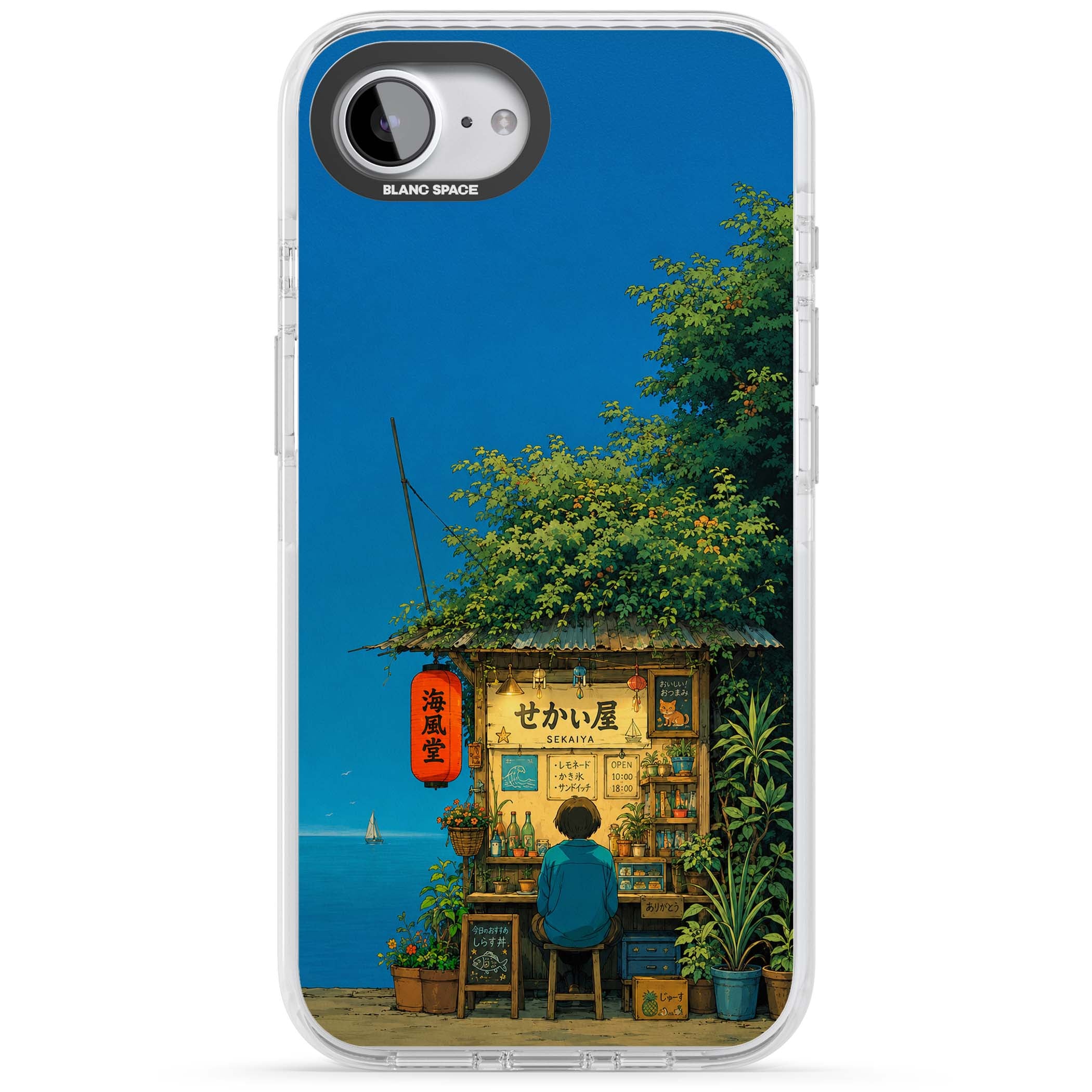 The Shirahama Kiosk anime iPhone case featuring a Japanese seaside shop, red paper lantern and ocean view | Clear Impact case for iPhone 16e, iPhone 17e