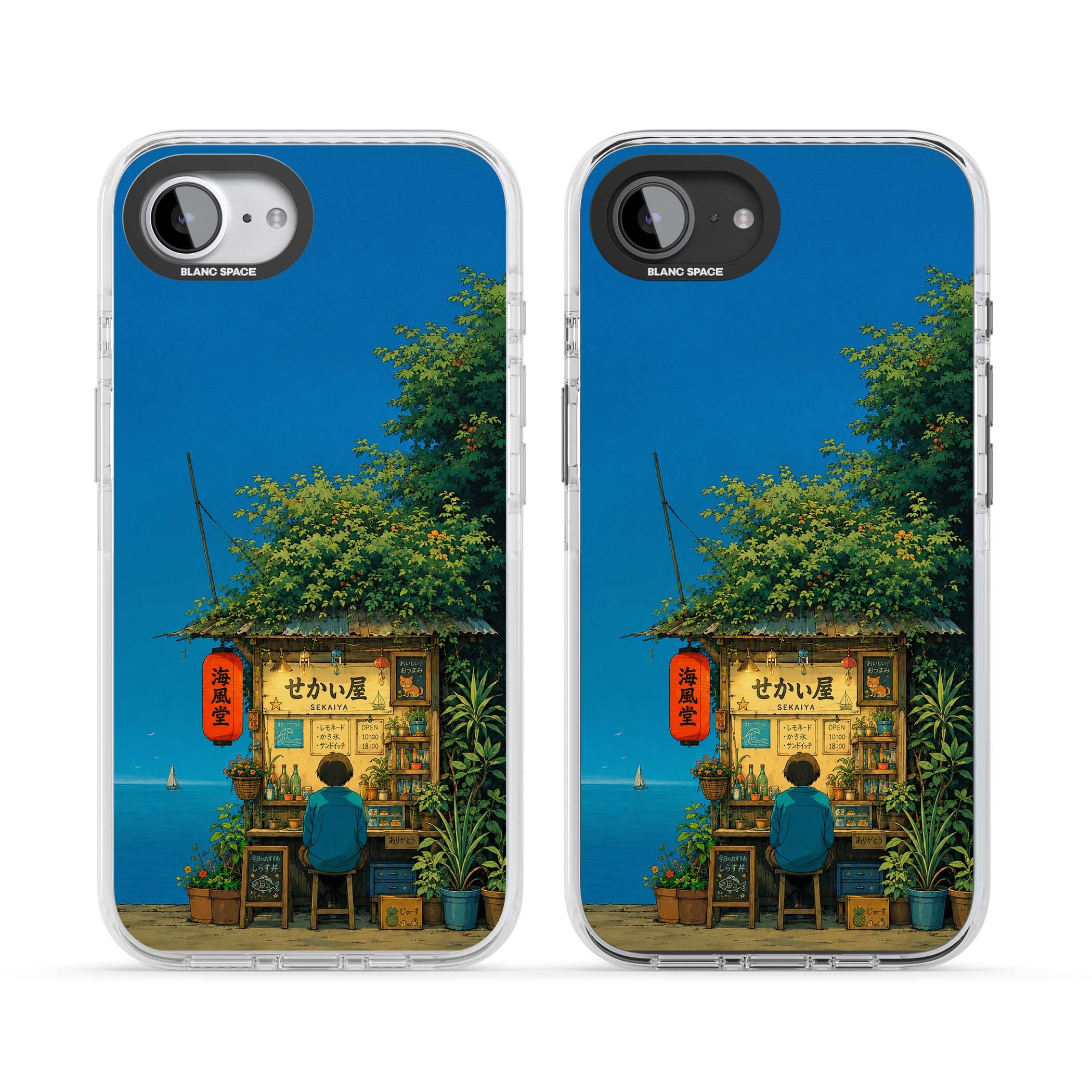 The Shirahama Kiosk anime iPhone case featuring a Japanese seaside shop, red paper lantern and ocean view | Clear Impact case for iPhone 16e, iPhone 17e