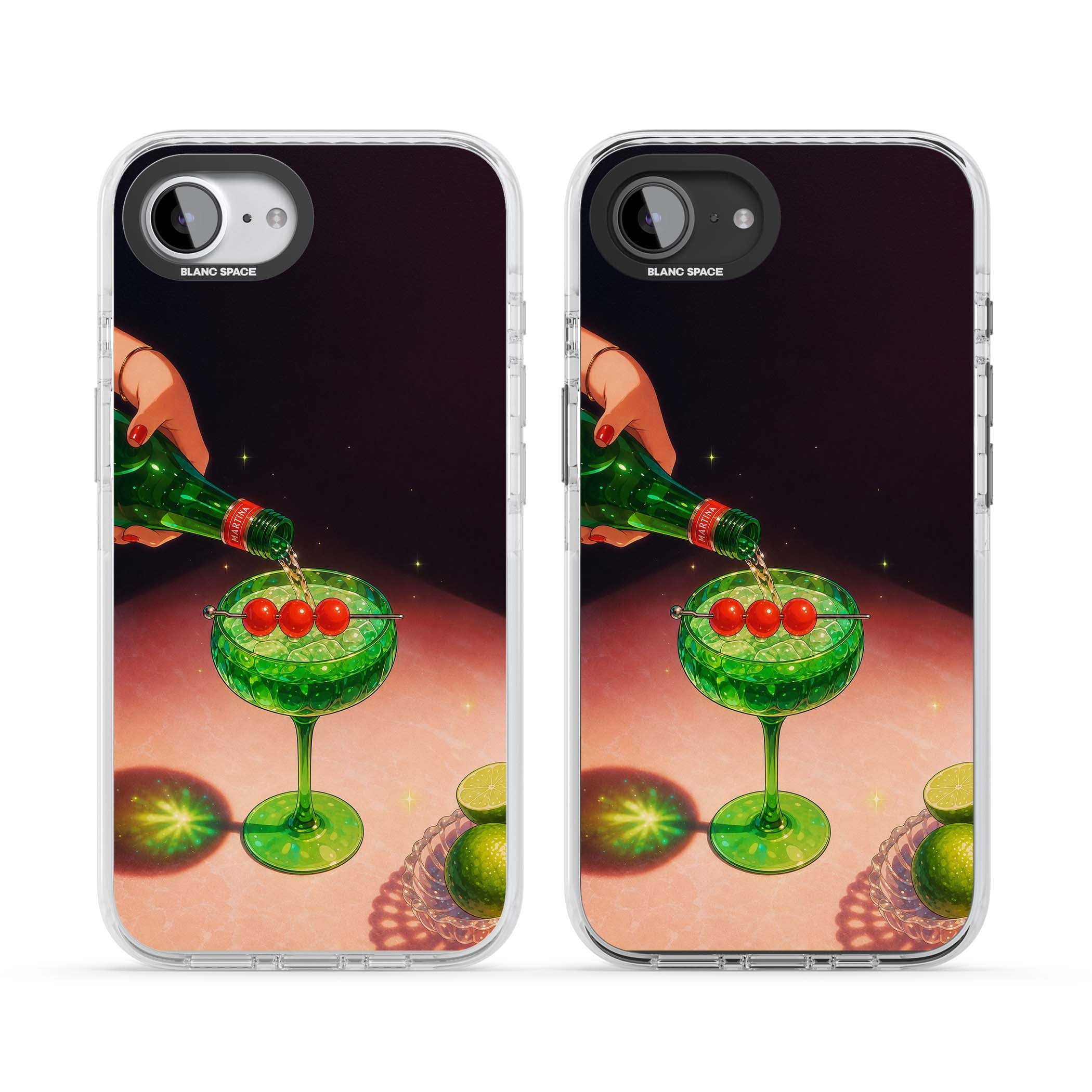 Absinthe Hour cocktail iPhone case featuring a green coupe glass, cherry garnish and vintage bottle pour illustration | Clear Impact case for iPhone 16e, iPhone 17e
