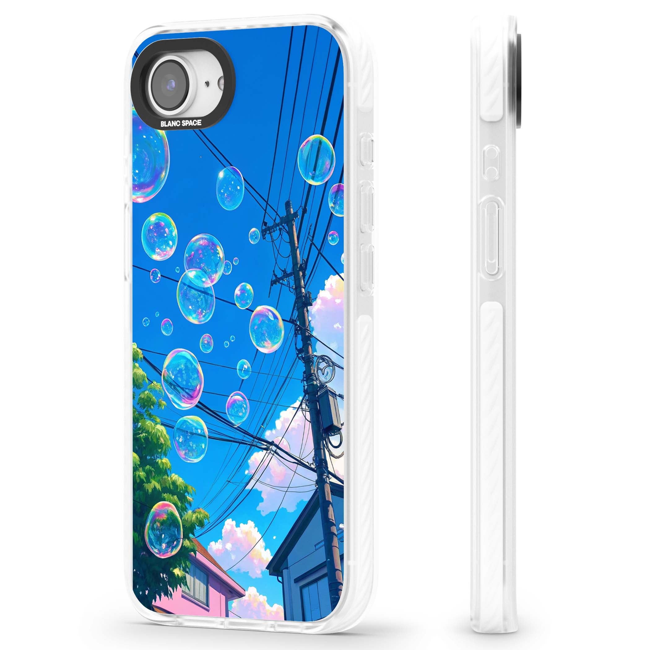 Suburban Bubbles anime iPhone case featuring iridescent soap bubbles, blue sky and Japanese telephone wires | Clear Impact case for iPhone 16e, iPhone 17e