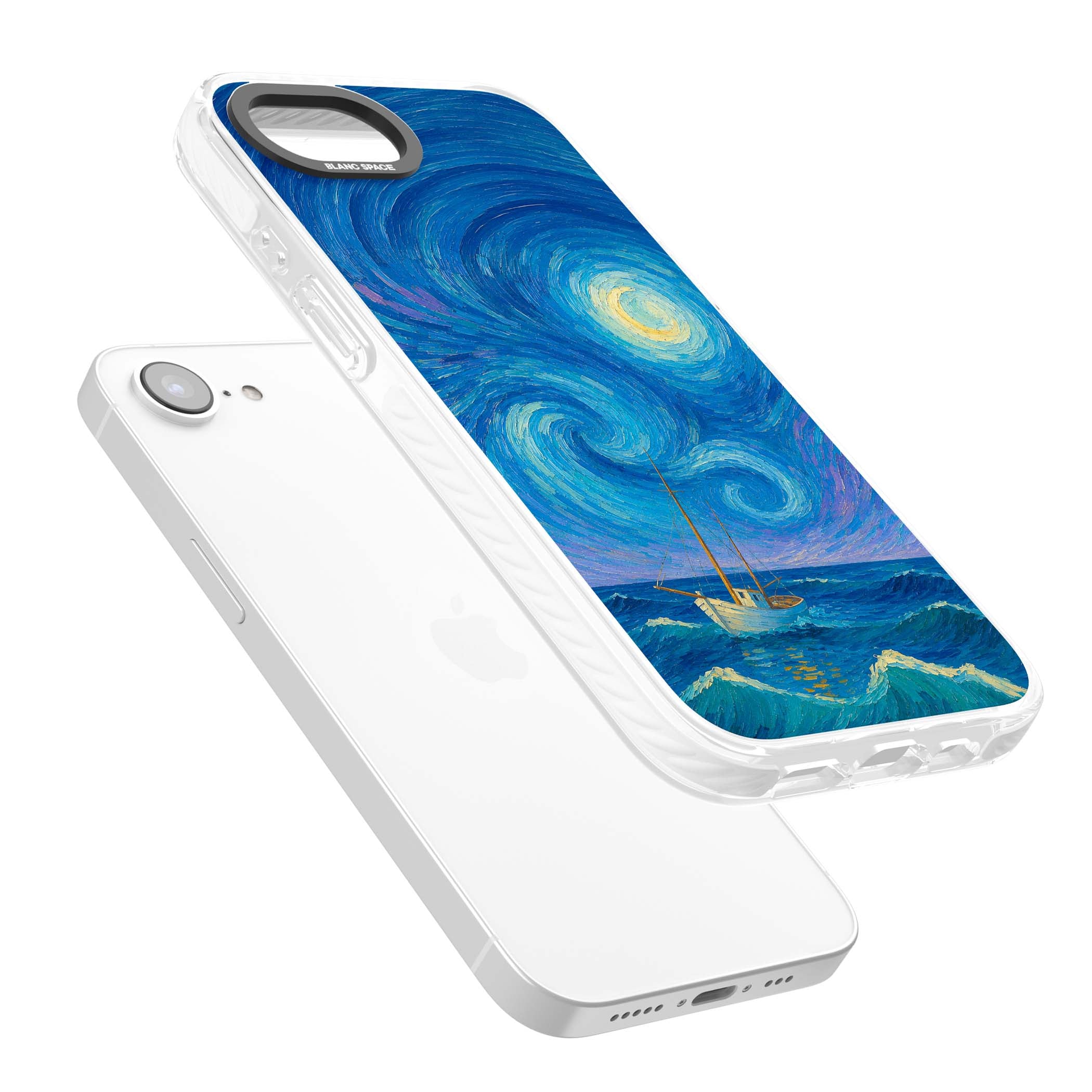 Moonlit Tide Van Gogh art iPhone case featuring swirling starry night sky, glowing moon and lone sailing boat at sea | Clear Impact case for iPhone 16e, iPhone 17e