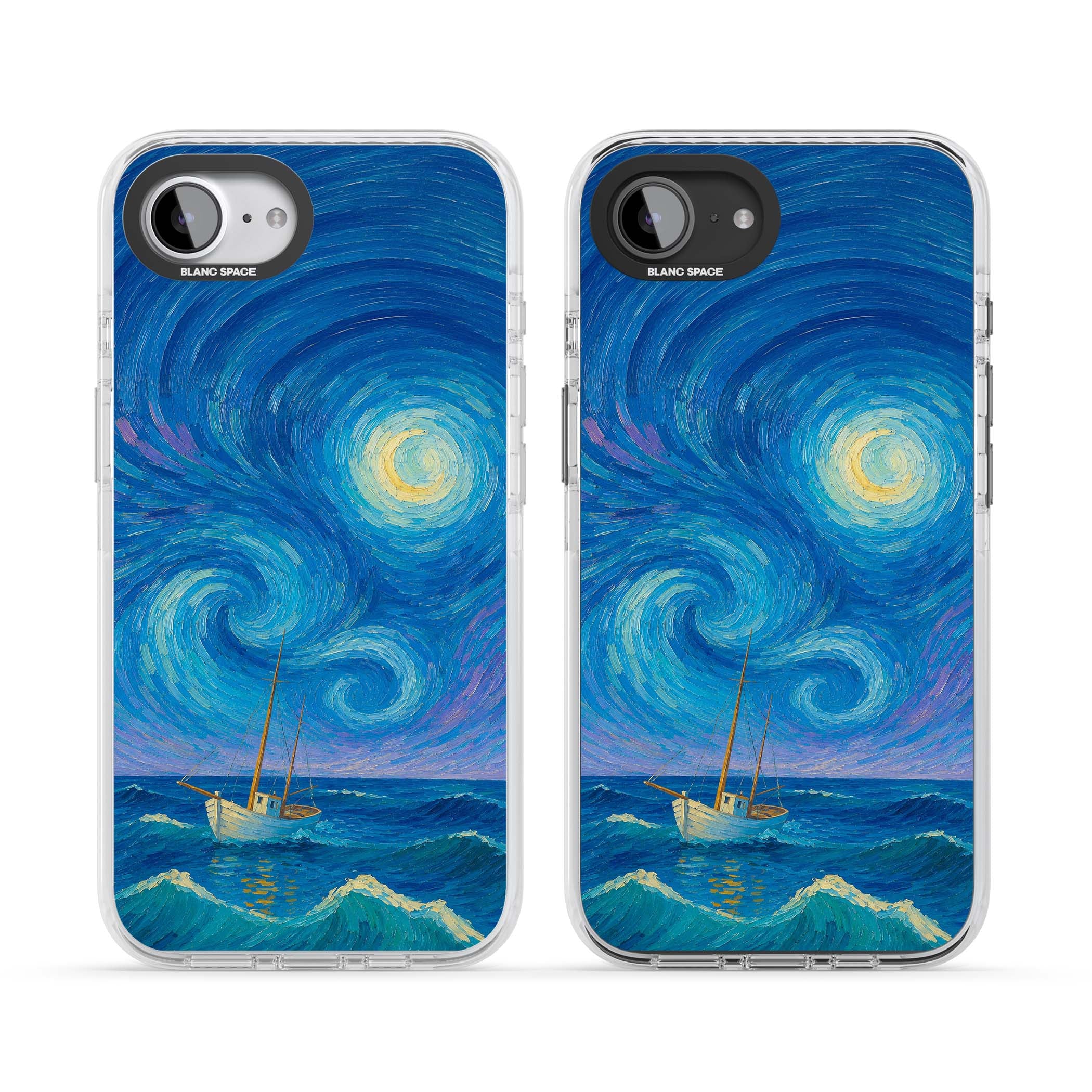 Moonlit Tide Van Gogh art iPhone case featuring swirling starry night sky, glowing moon and lone sailing boat at sea | Clear Impact case for iPhone 16e, iPhone 17e