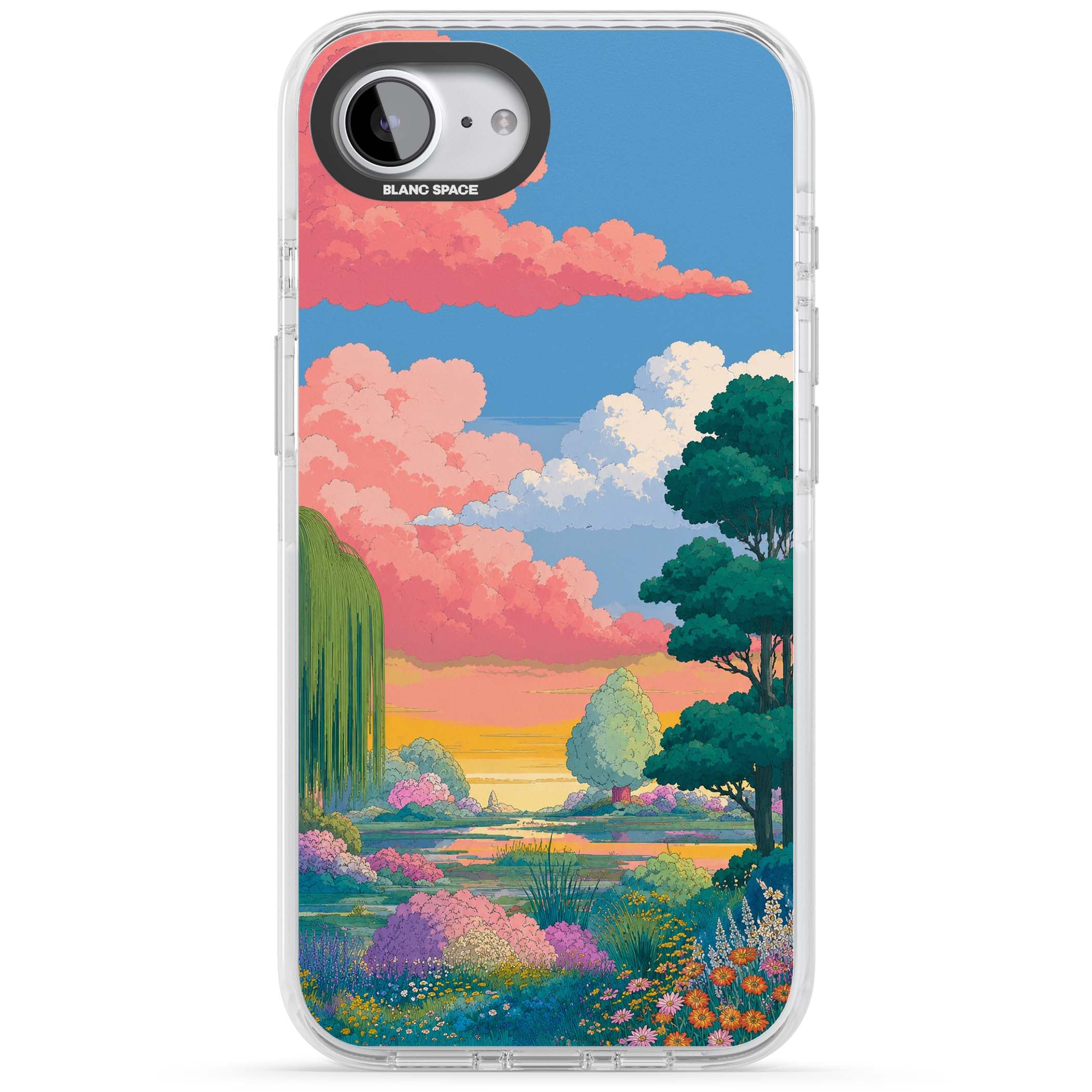 Dream Valley anime landscape iPhone case featuring pink sunset clouds, willow trees and wildflowers | Clear Impact case for iPhone 16e, iPhone 17e