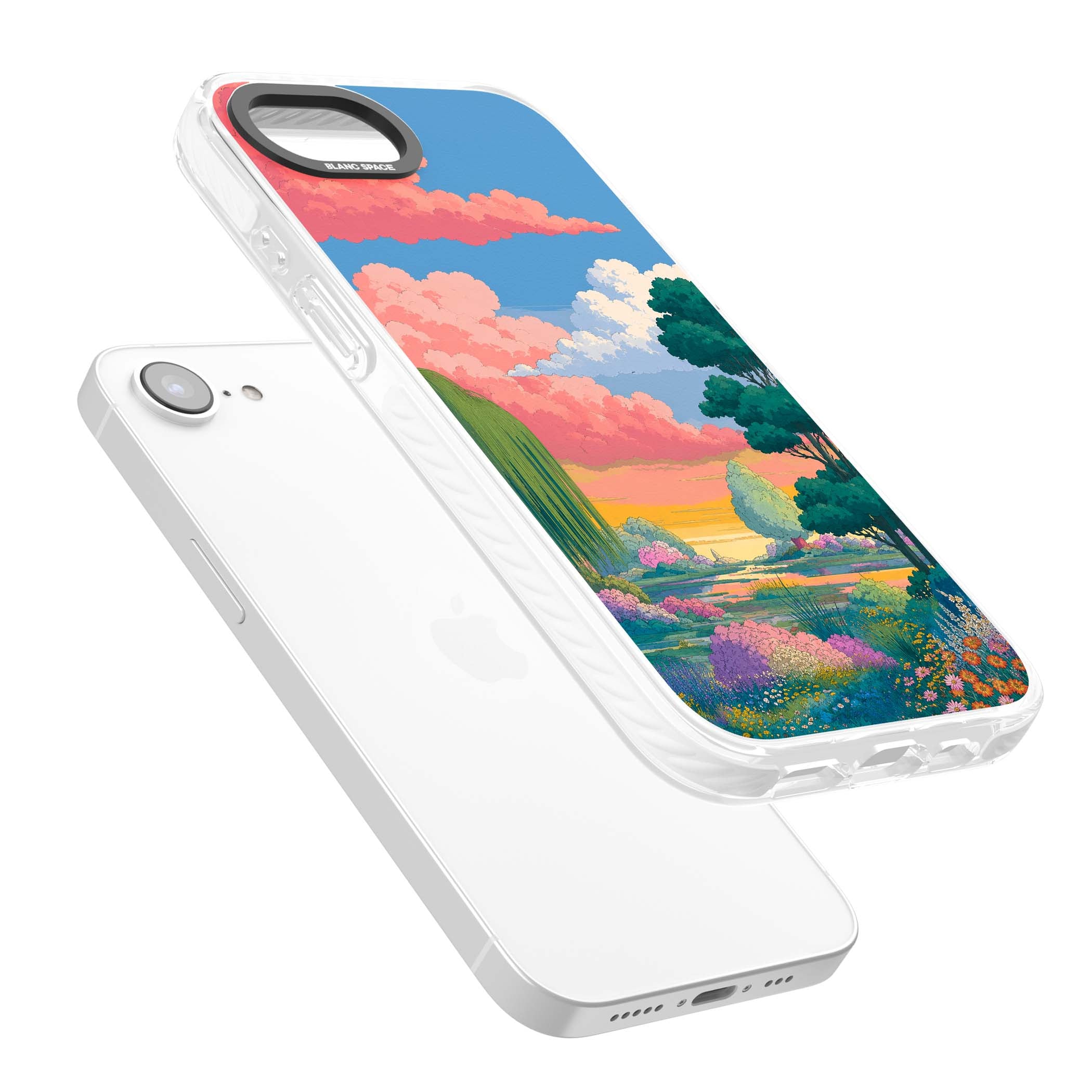 Dream Valley anime landscape iPhone case featuring pink sunset clouds, willow trees and wildflowers | Clear Impact case for iPhone 16e, iPhone 17e