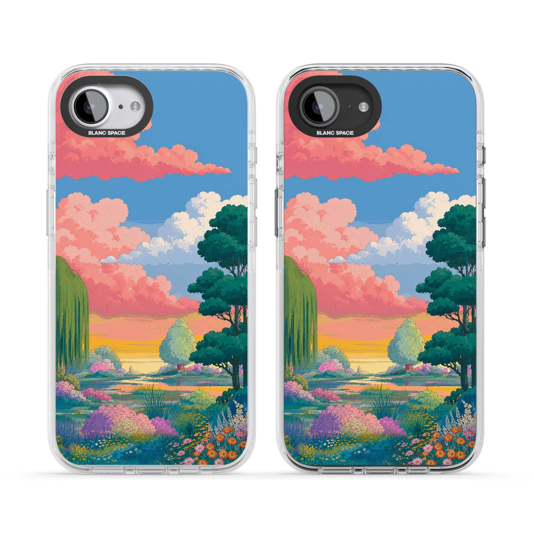 Dream Valley anime landscape iPhone case featuring pink sunset clouds, willow trees and wildflowers | Clear Impact case for iPhone 16e, iPhone 17e