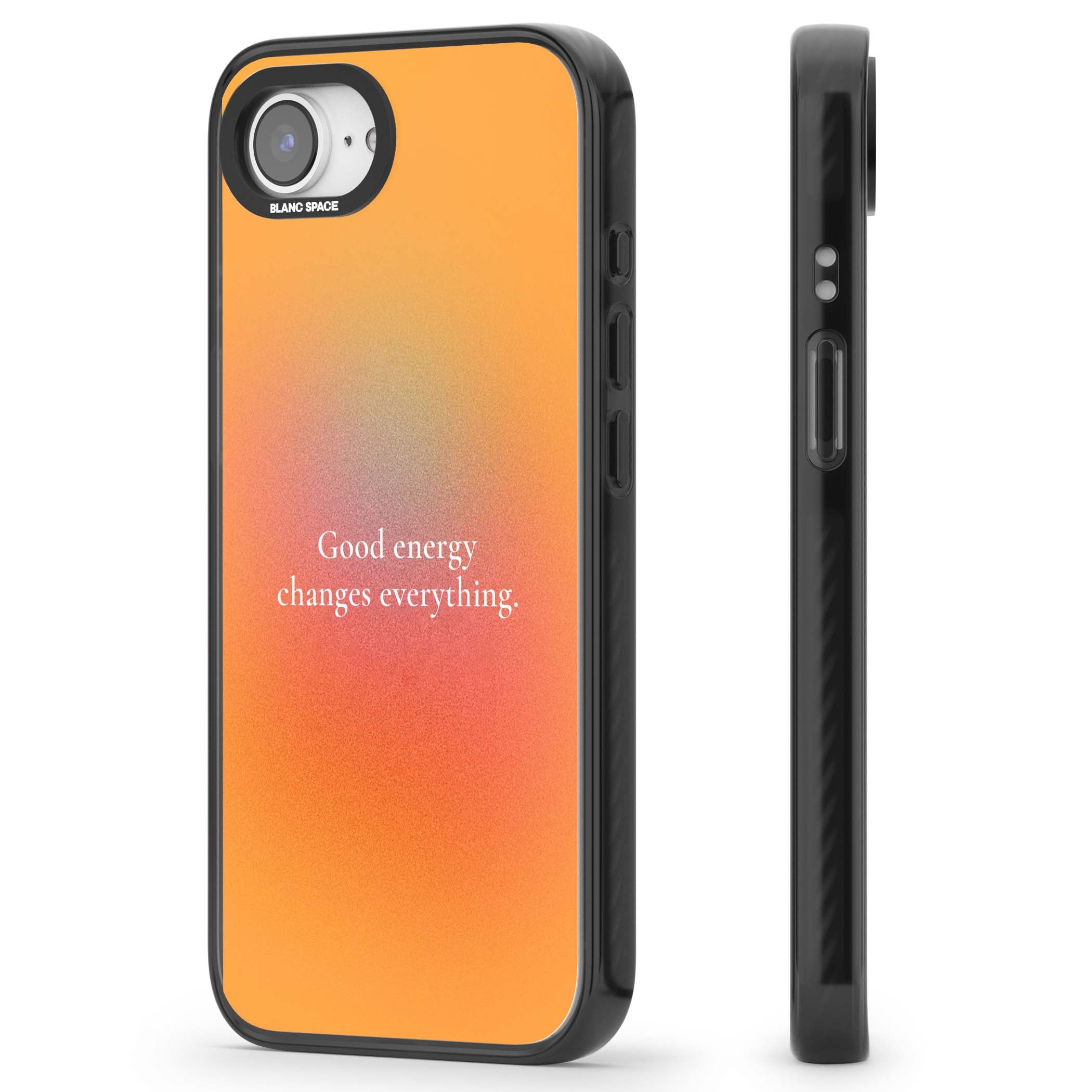 Good Energy quote iPhone case featuring an orange and pink aura gradient with white serif affirmation text | Black Impact case for iPhone 16e, iPhone 17e