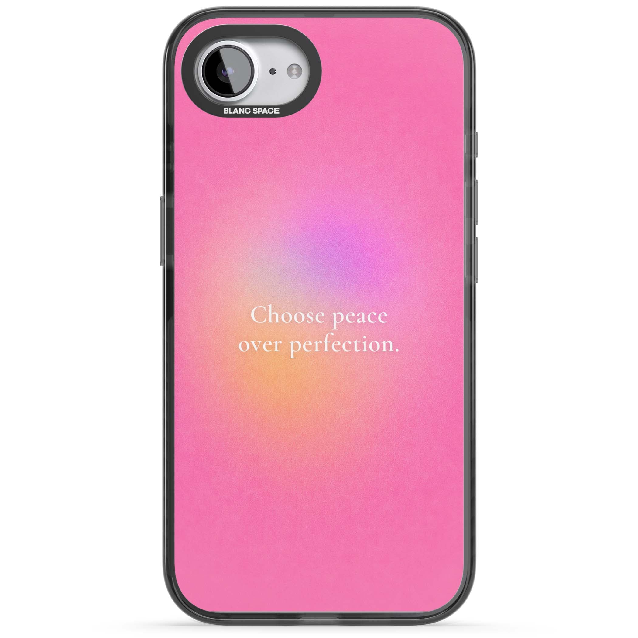 Peace Over Perfection quote iPhone case featuring a dreamy pink aura gradient and delicate white affirmation text | Black Impact case for iPhone 16e, iPhone 17e