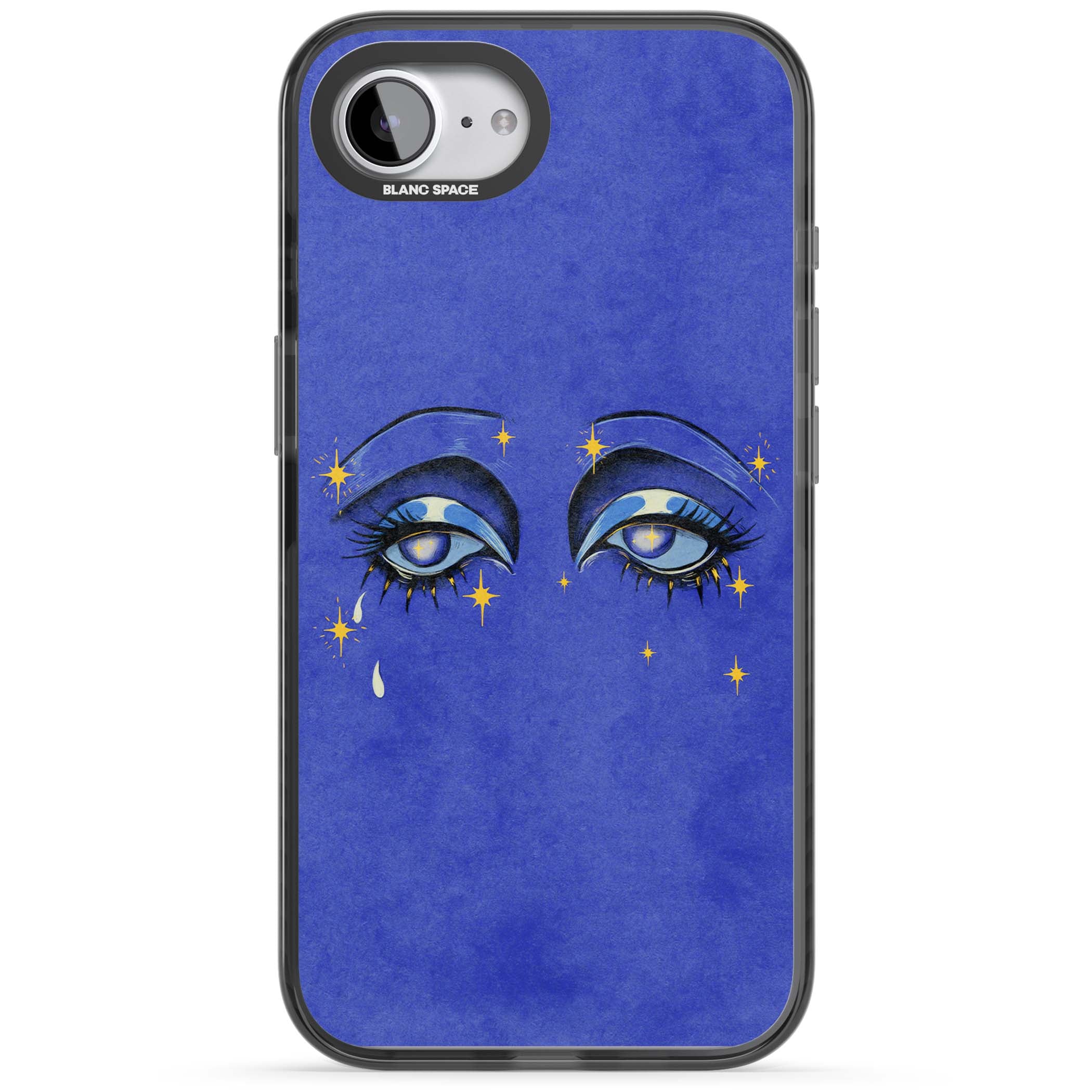 Blue Mystic Eyes celestial iPhone case featuring hand drawn blue mystical eyes, golden stars and a painted tear on indigo | Black Impact case for iPhone 16e, iPhone 17e