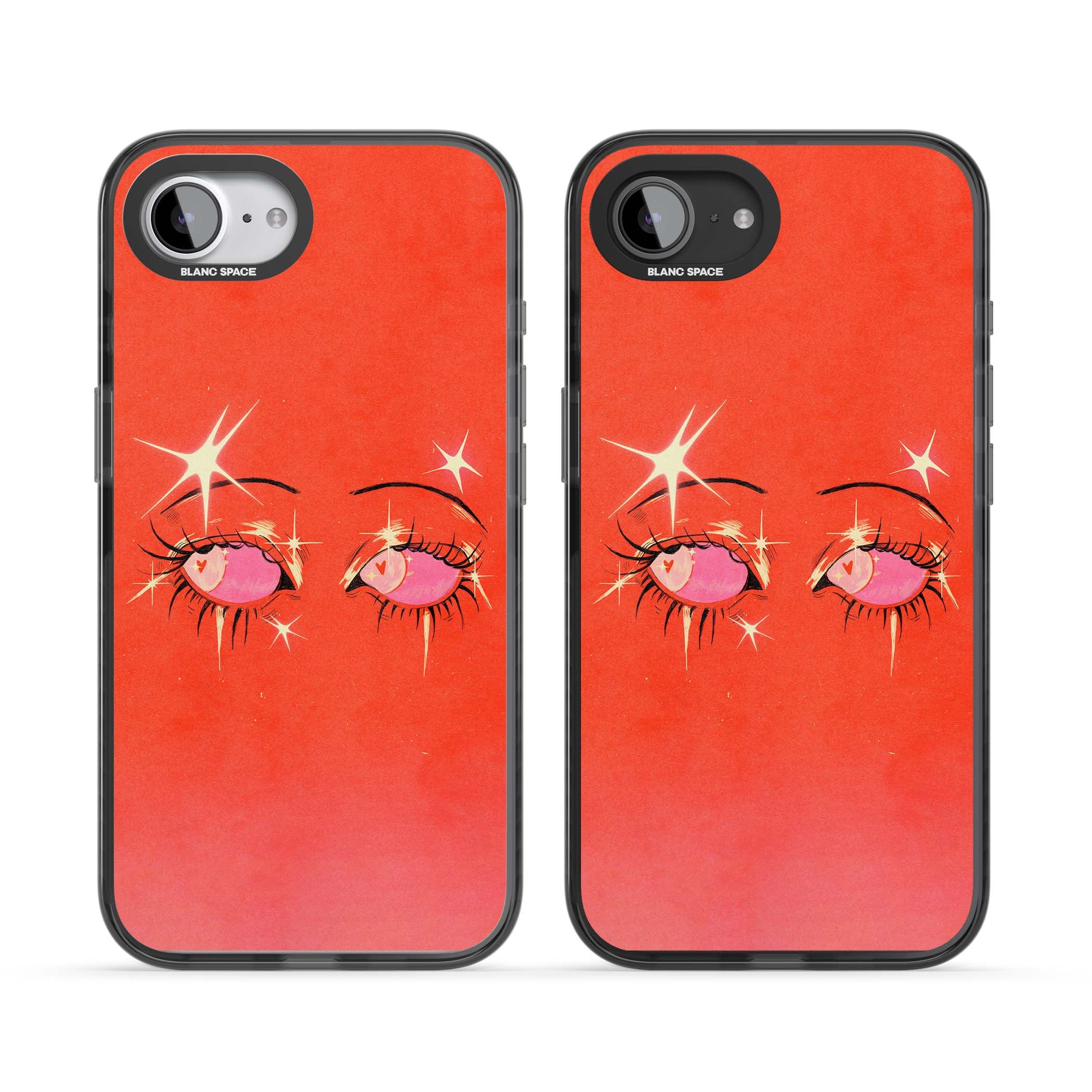 Pink Ethereal Eyes anime iPhone case featuring hand-drawn sparkly eyes with pink hearts and gold stars on red | Black Impact case for iPhone 16e, iPhone 17e
