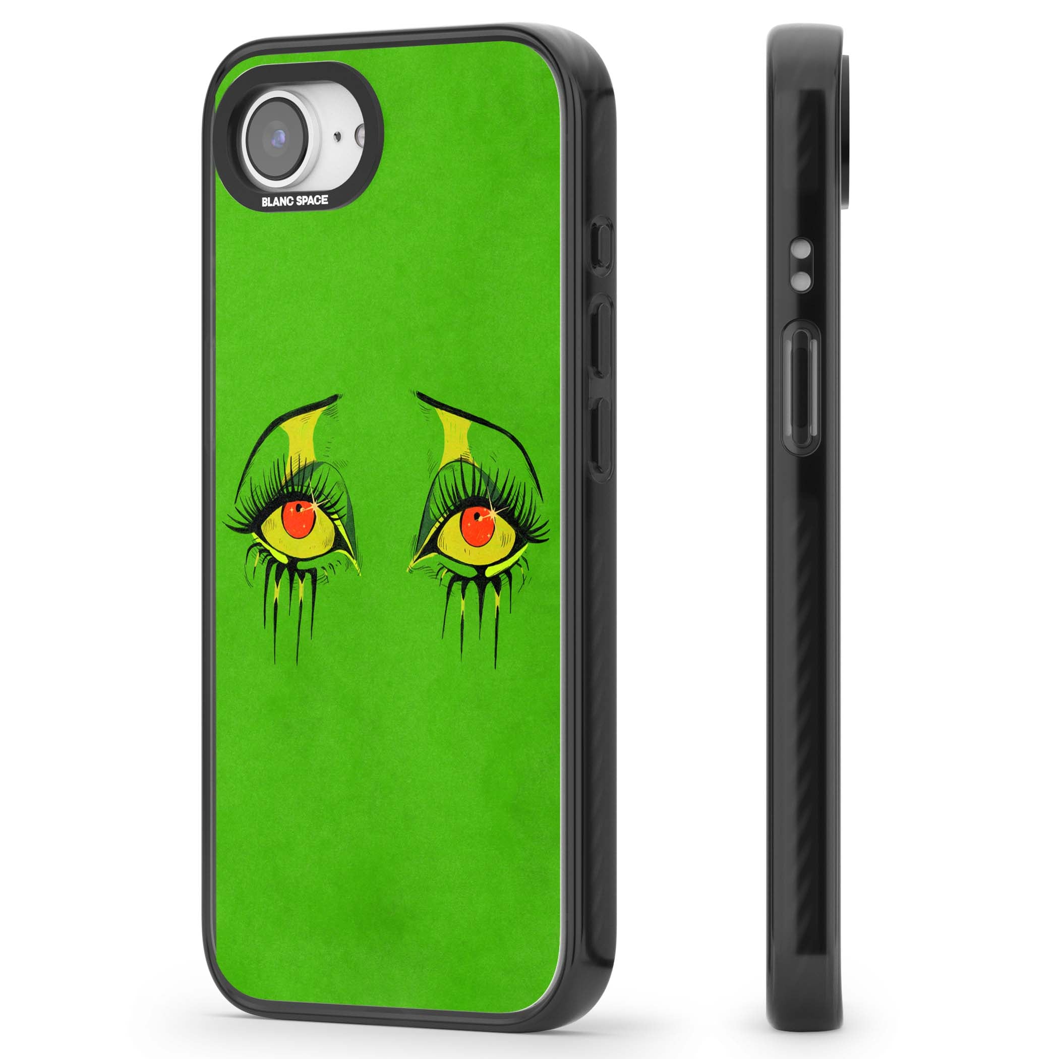 Green Enchanted Eyes psychedelic art iPhone case featuring hand-drawn dripping eyes on neon green background | Black Impact case for iPhone 16e, iPhone 17e