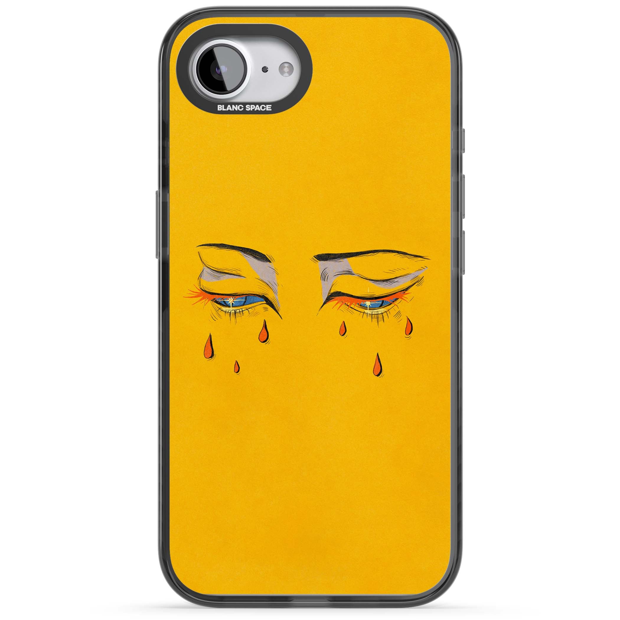 Yellow Tearful Eyes indie iPhone case featuring hand-drawn crying eyes with orange tears on a yellow background | Black Impact case for iPhone 16e, iPhone 17e