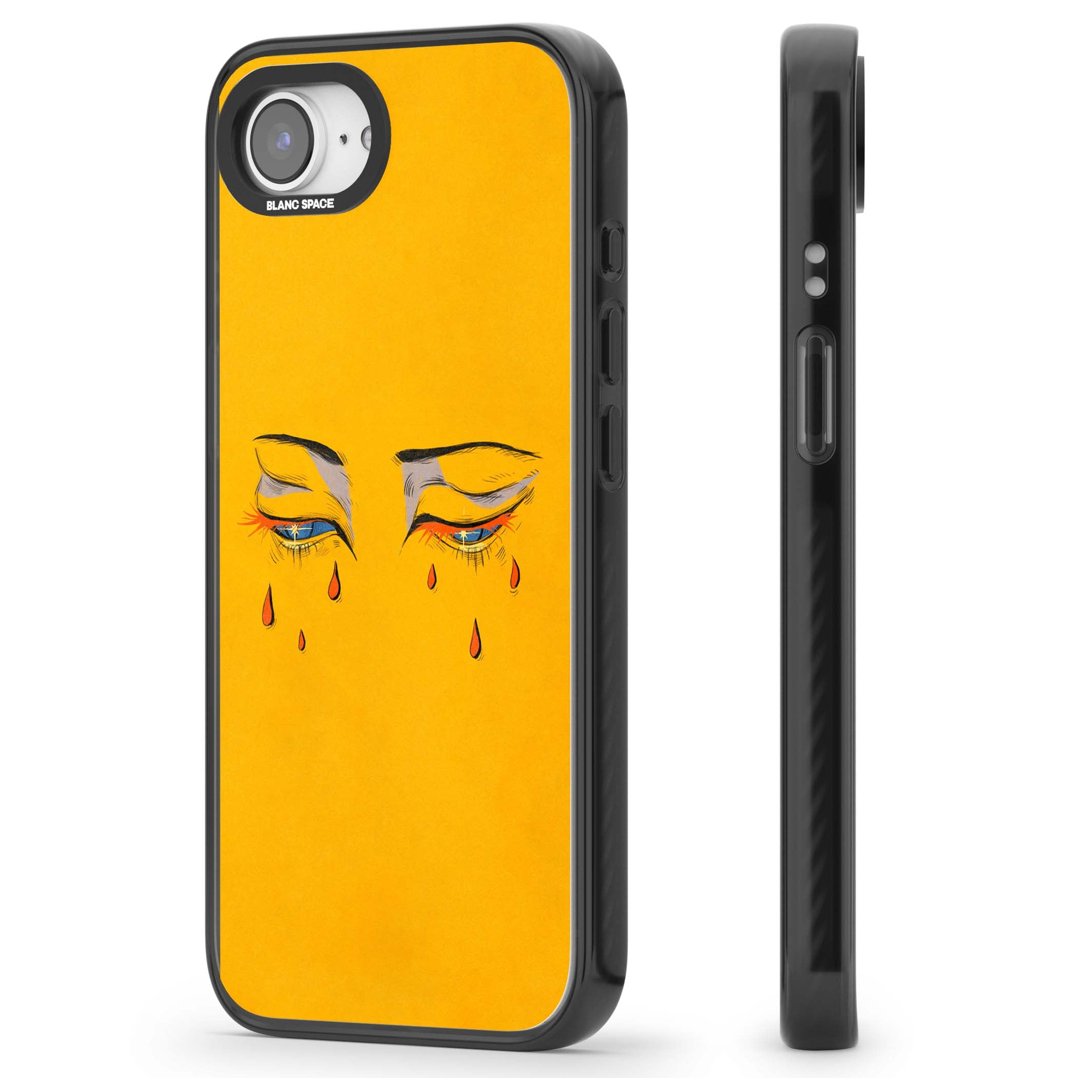 Yellow Tearful Eyes indie iPhone case featuring hand-drawn crying eyes with orange tears on a yellow background | Black Impact case for iPhone 16e, iPhone 17e