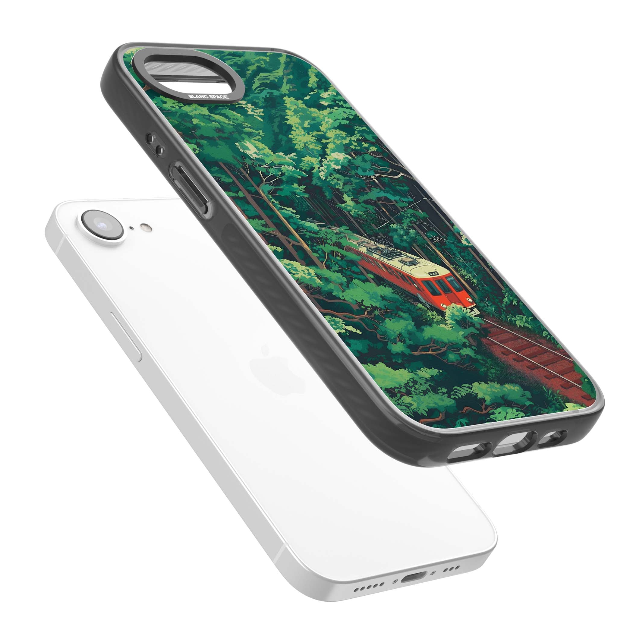 Railway In Toyama Japanese iPhone case featuring a red train, cedar forest and winding mountain railway tracks | Black Impact case for iPhone 16e, iPhone 17e